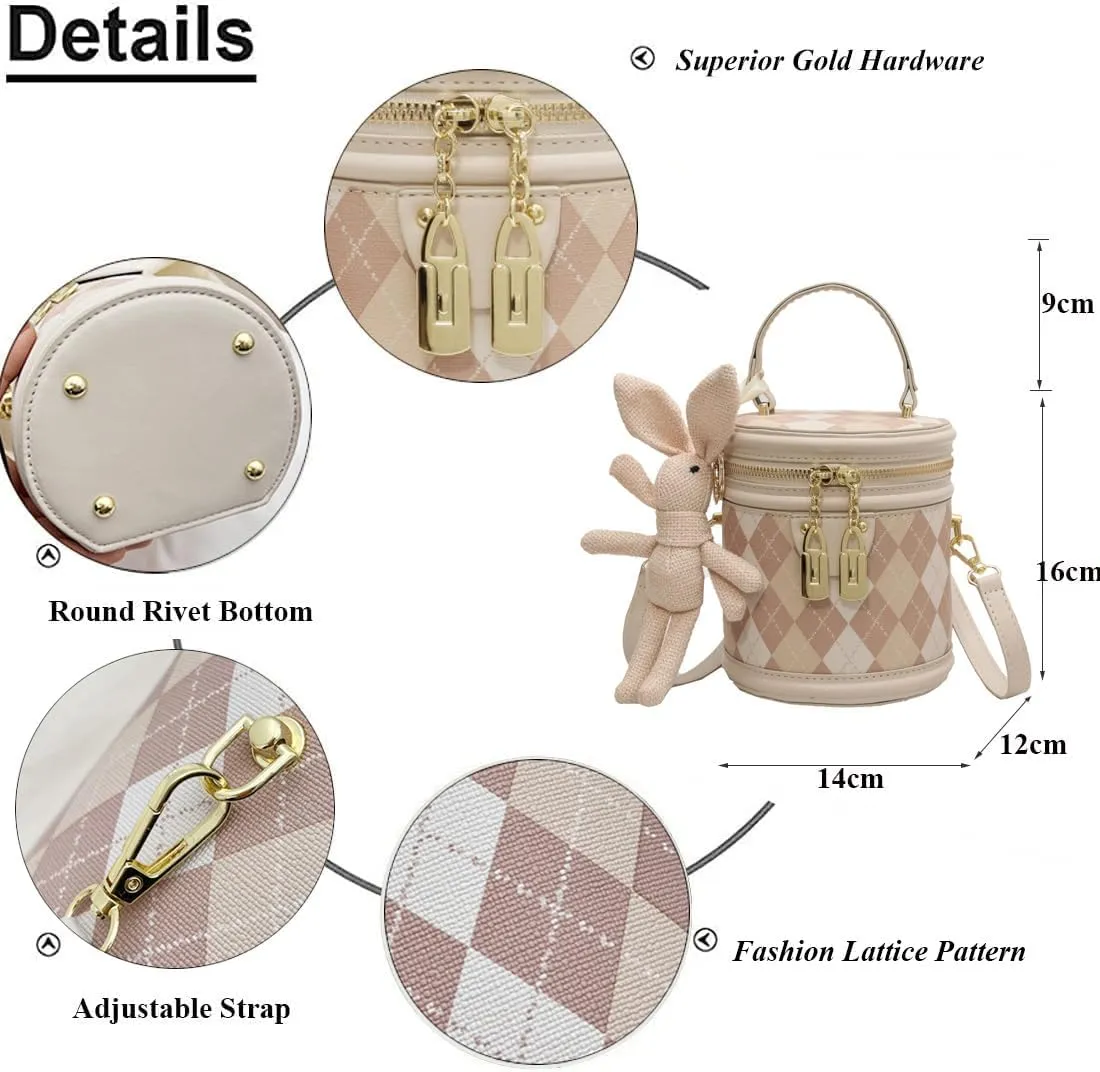 RTGGSEL Quilted Lattice Crossbody Shoulder Bags for Women Small Tote Square Satchel Handbags Purse with Bunny Doll Pendant