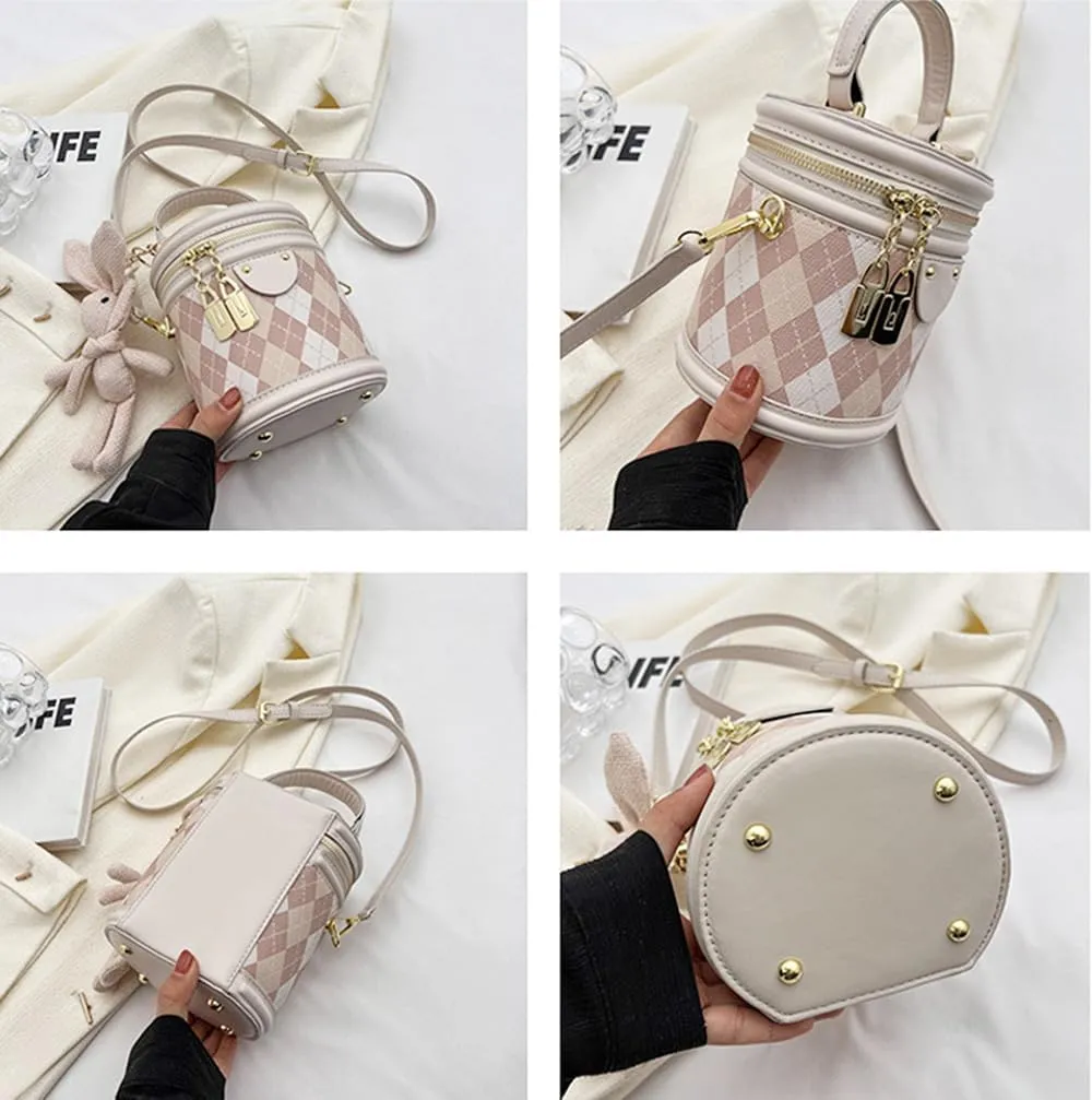 RTGGSEL Quilted Lattice Crossbody Shoulder Bags for Women Small Tote Square Satchel Handbags Purse with Bunny Doll Pendant