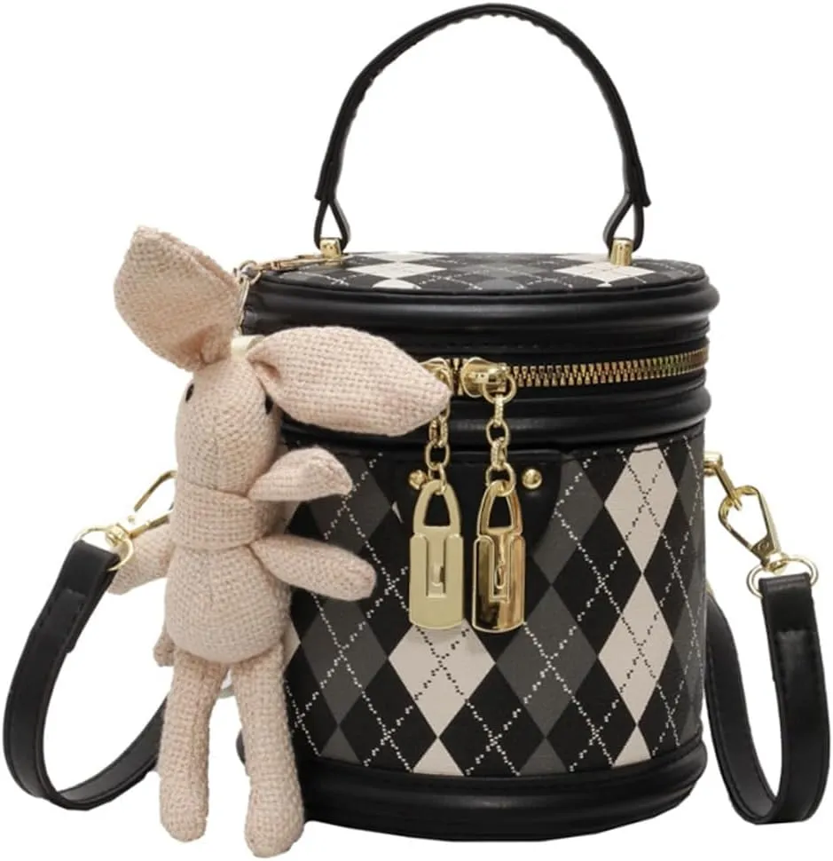 RTGGSEL Quilted Lattice Crossbody Shoulder Bags for Women Small Tote Square Satchel Handbags Purse with Bunny Doll Pendant