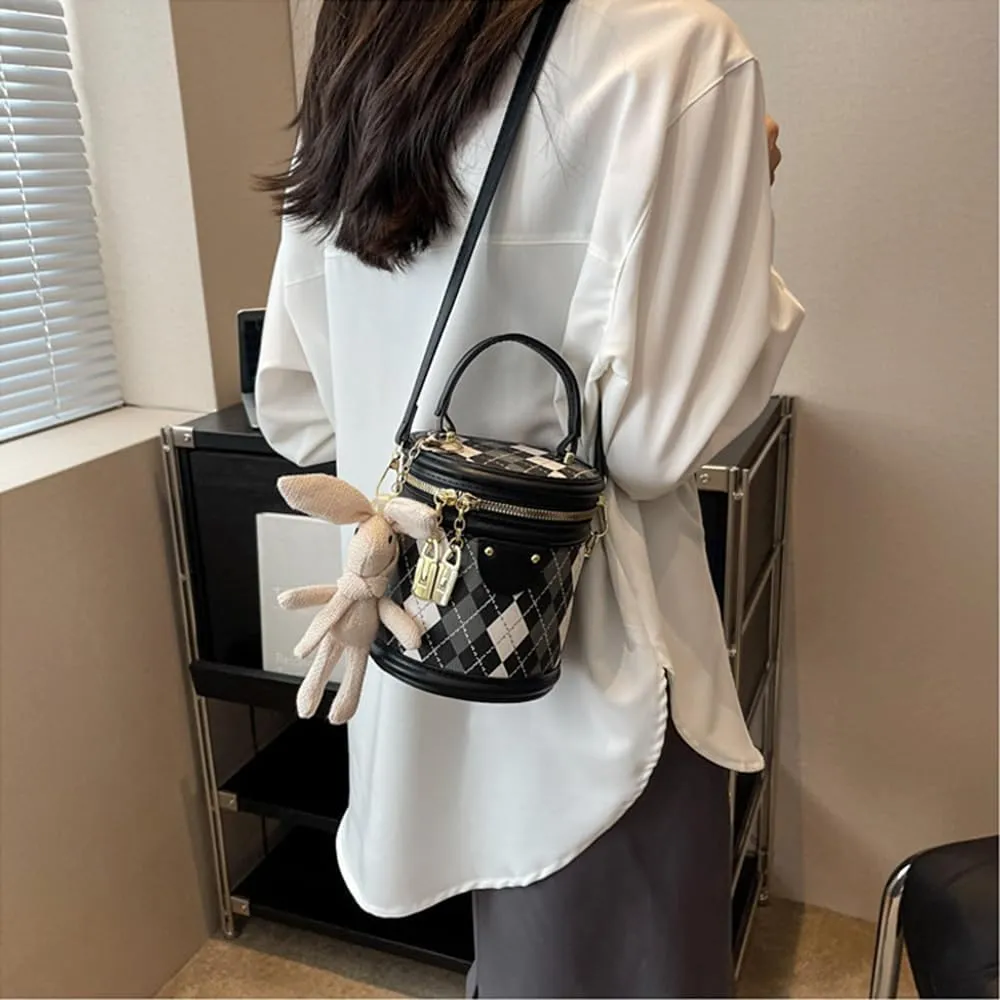 RTGGSEL Quilted Lattice Crossbody Shoulder Bags for Women Small Tote Square Satchel Handbags Purse with Bunny Doll Pendant