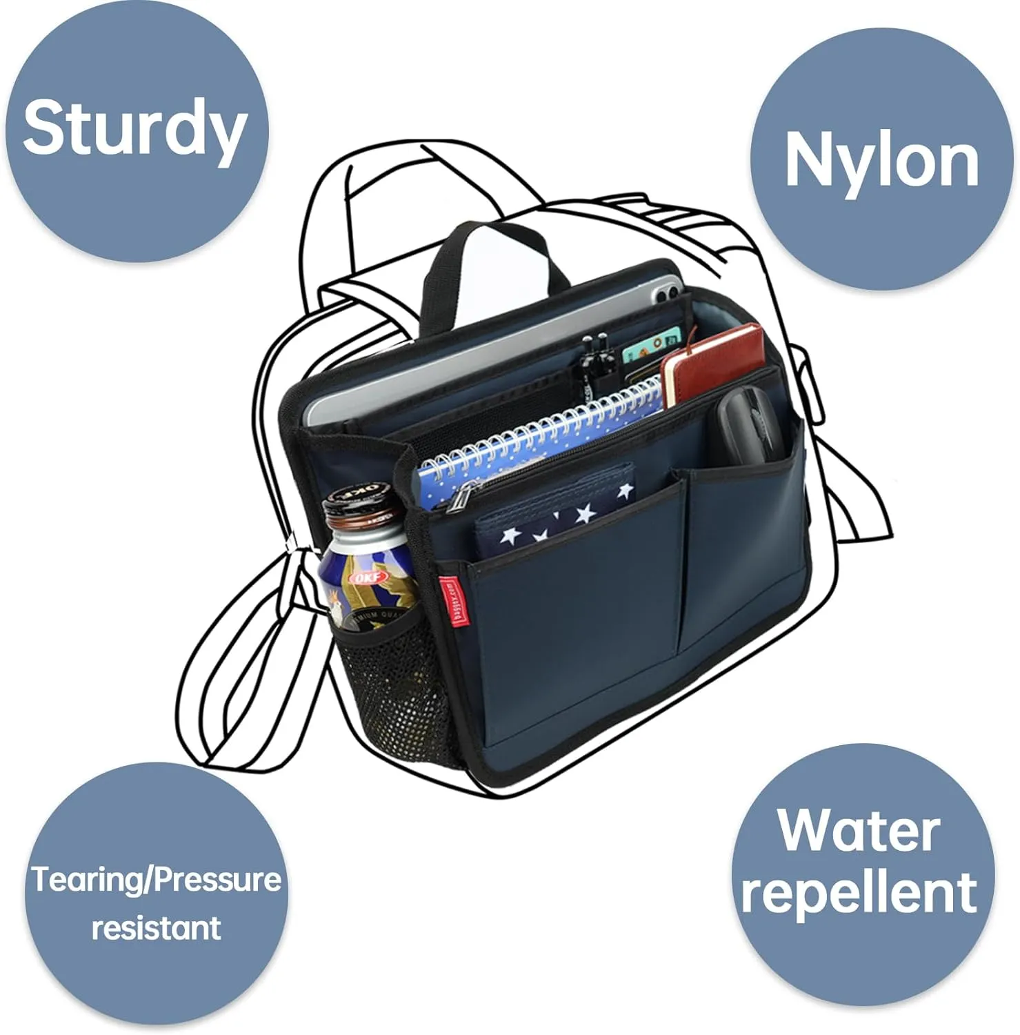 Rugged Organizer Insert for Briefcase Tote Shoulder Messenger Bag - 19 Pockets,Durable Padded Nylon,Handle (Small,Navy)