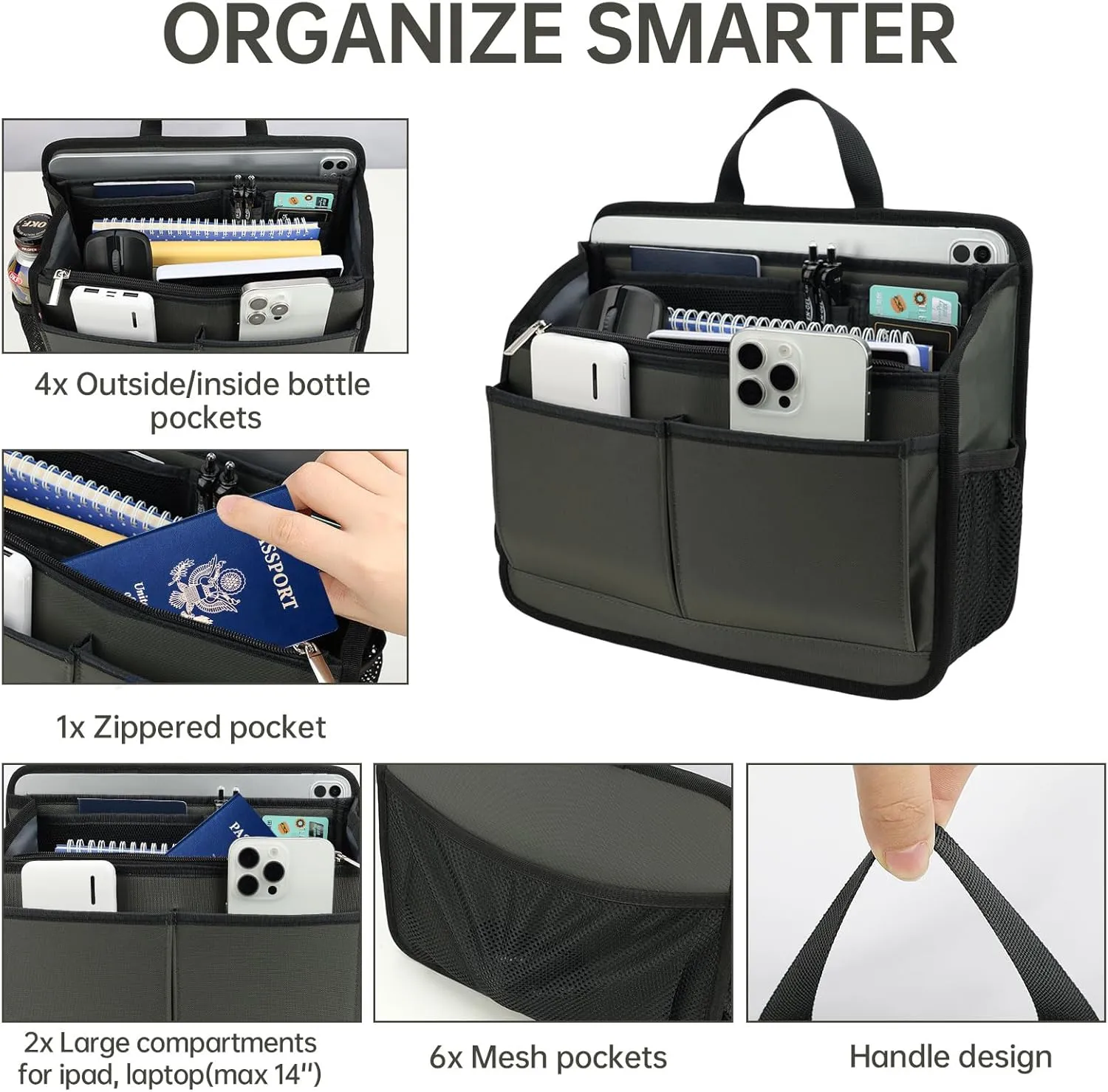 Rugged Organizer Insert for Briefcase Tote Shoulder Messenger Bag - 19 Pockets,Durable Padded Nylon,Handle (Small,Navy)