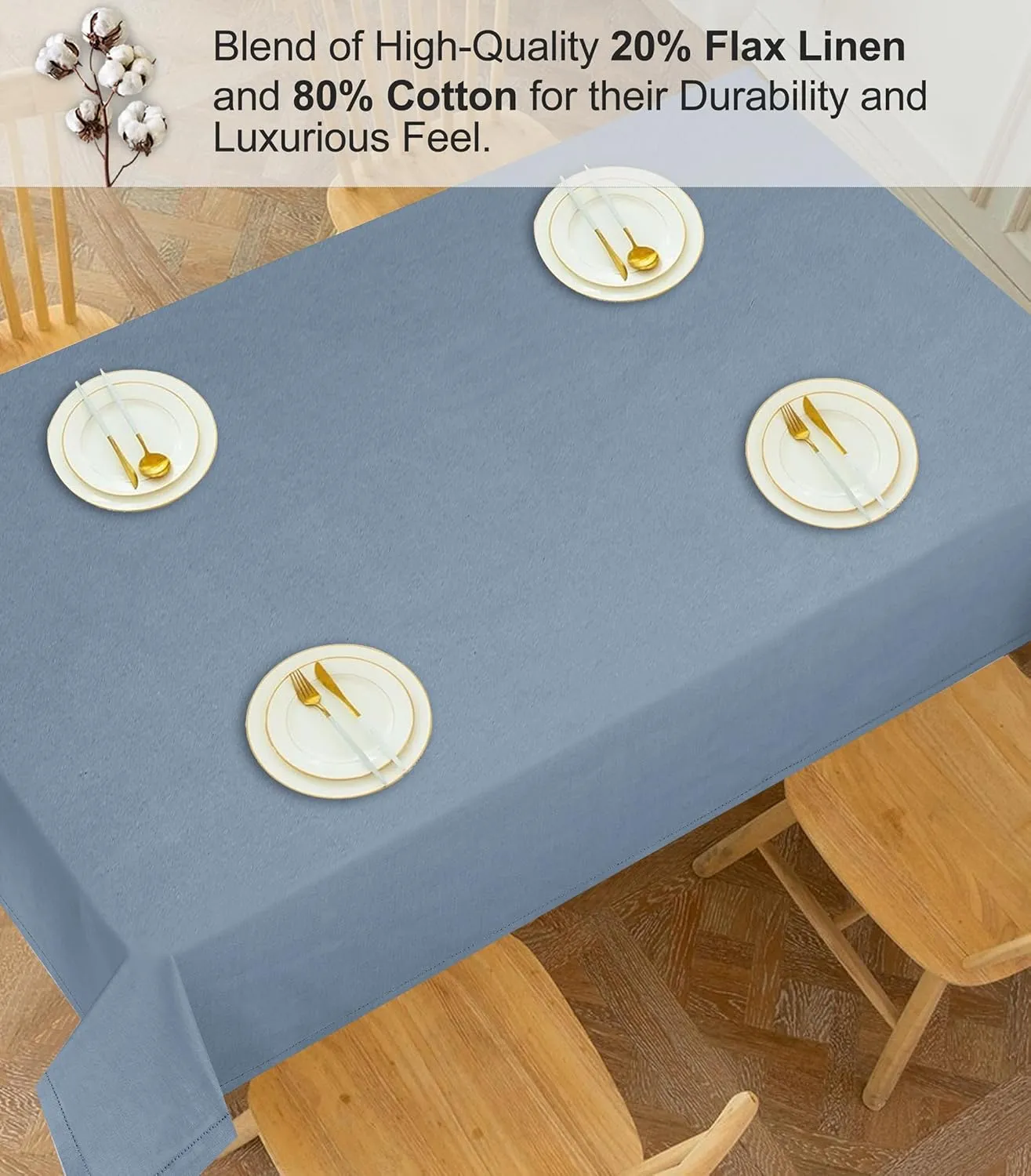 RUVANTI Cotton Linen Table Cloth Rectangle Table 72x54 Inch, Classic Hemstitch, Stain ‎Resistant, Washable Tablecloth Perfect for Coffee Table Cover, Dining, Hotel, Weddings and Parties – Grey