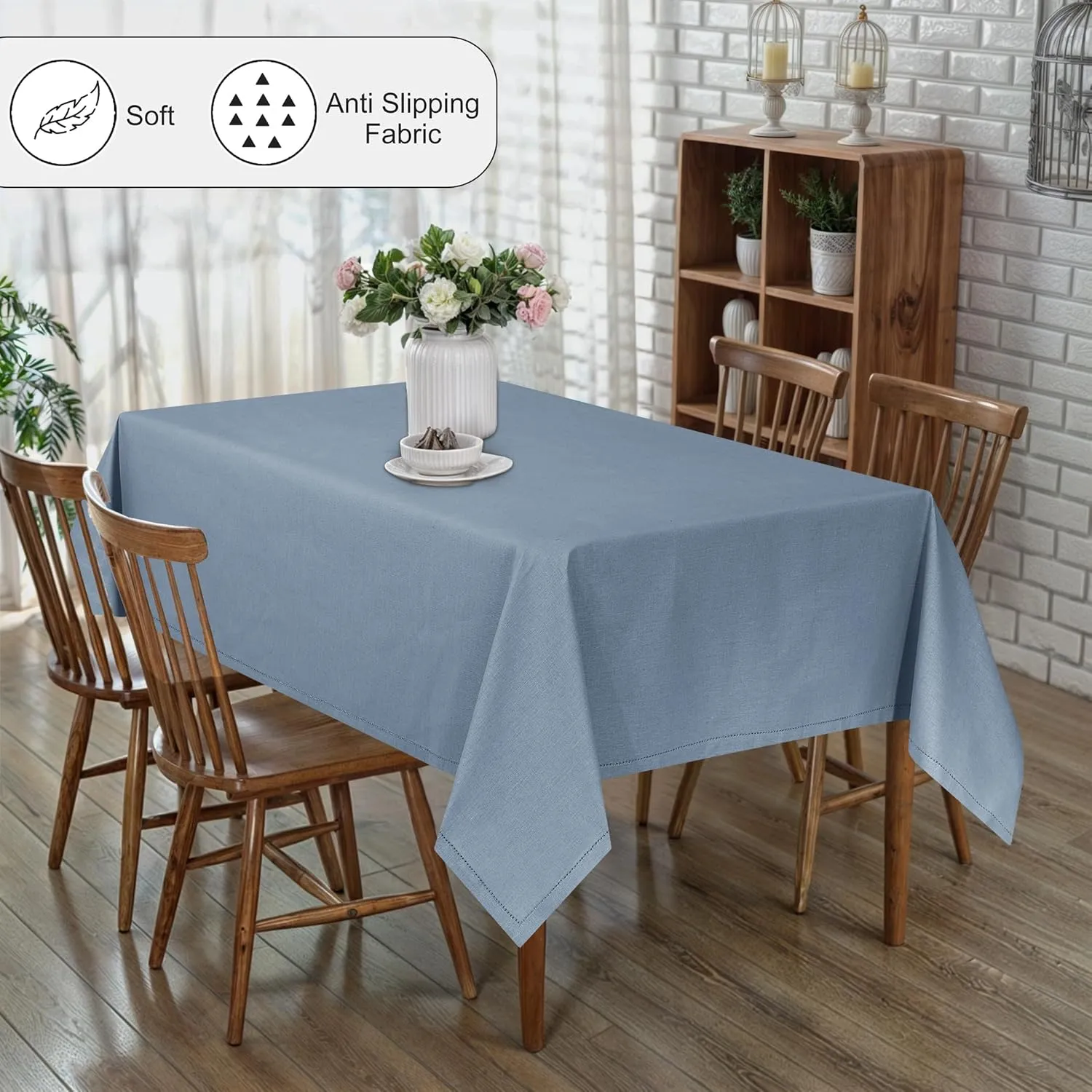 RUVANTI Cotton Linen Table Cloth Rectangle Table 72x54 Inch, Classic Hemstitch, Stain ‎Resistant, Washable Tablecloth Perfect for Coffee Table Cover, Dining, Hotel, Weddings and Parties – Grey