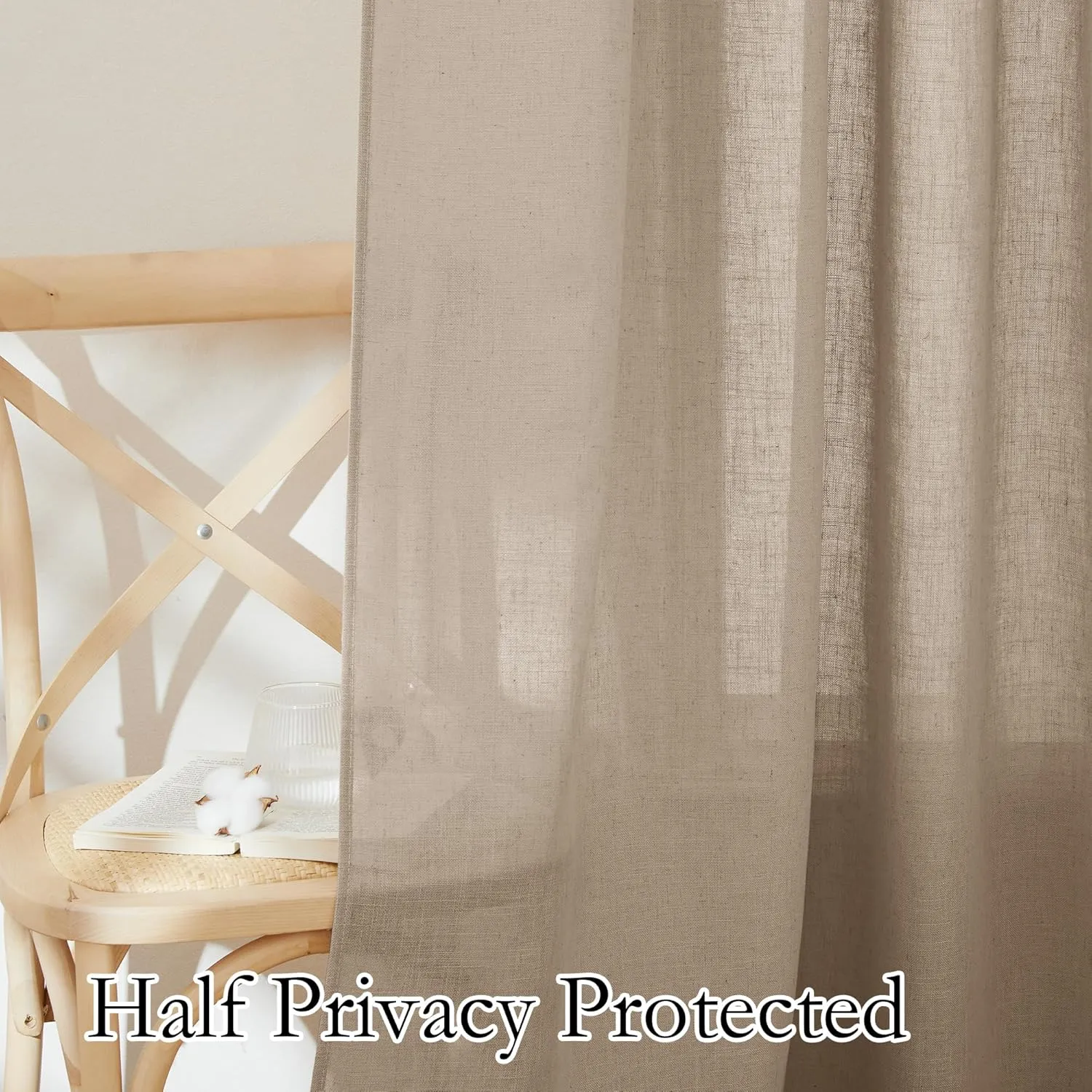 RYB HOME Light Filtering Linen Sheer Curtains, UV Privacy Protected Linen Blend Stain Resistant Burlap Panels for Farmhouse/Living Room/Dining Room, Khaki, Length 84 by Width 52 inch, 2 Panels