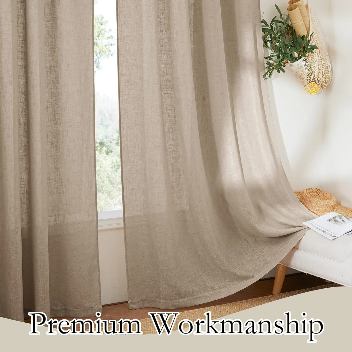 RYB HOME Sheer Linen Curtains 90 inches Long, Rod Pocket & Back Tab Linen Blend Elegant Light Filtering Privacy UV Protected Panels for Living Room, Khaki, 52" W, 2 Panels