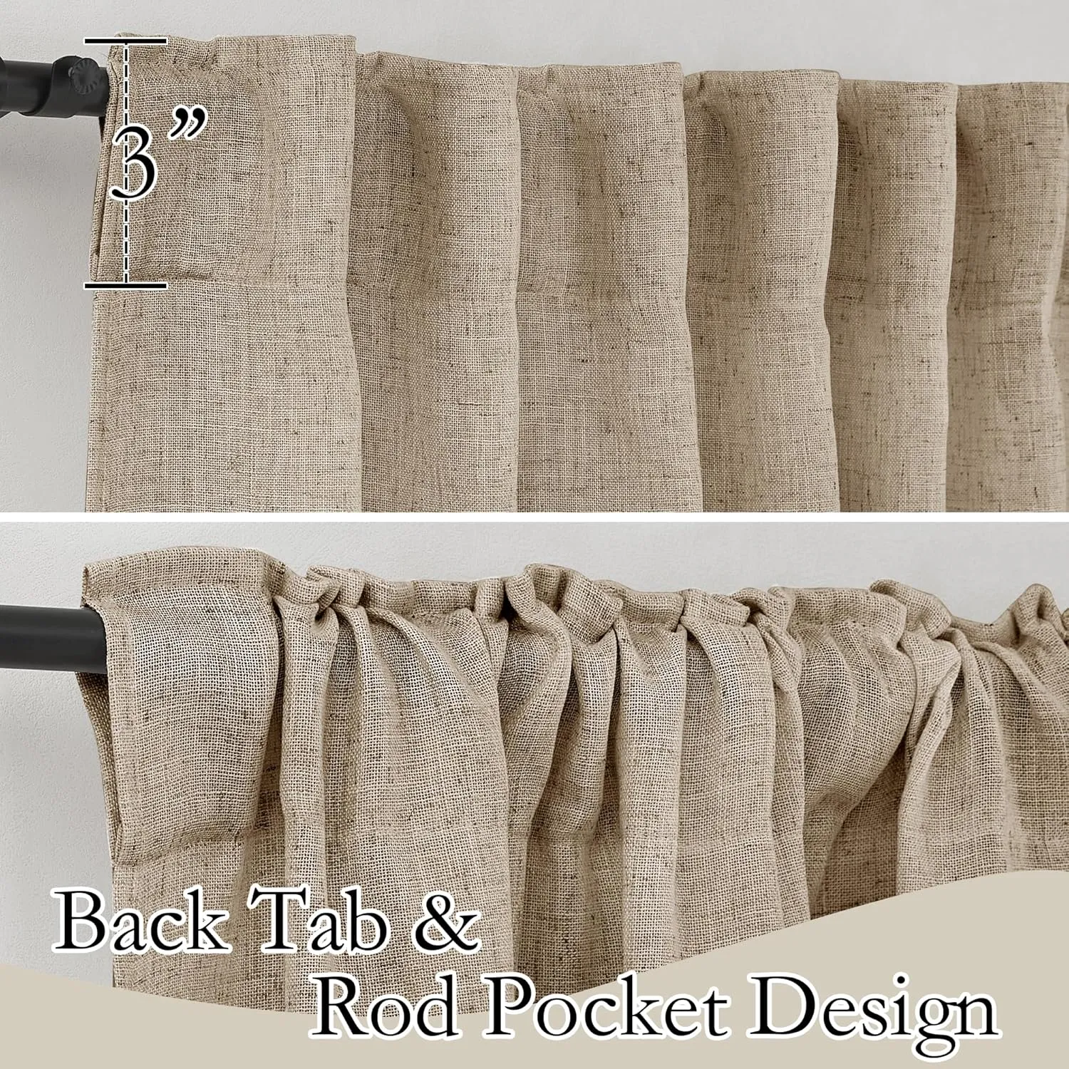 RYB HOME Sheer Linen Curtains 90 inches Long, Rod Pocket & Back Tab Linen Blend Elegant Light Filtering Privacy UV Protected Panels for Living Room, Khaki, 52" W, 2 Panels