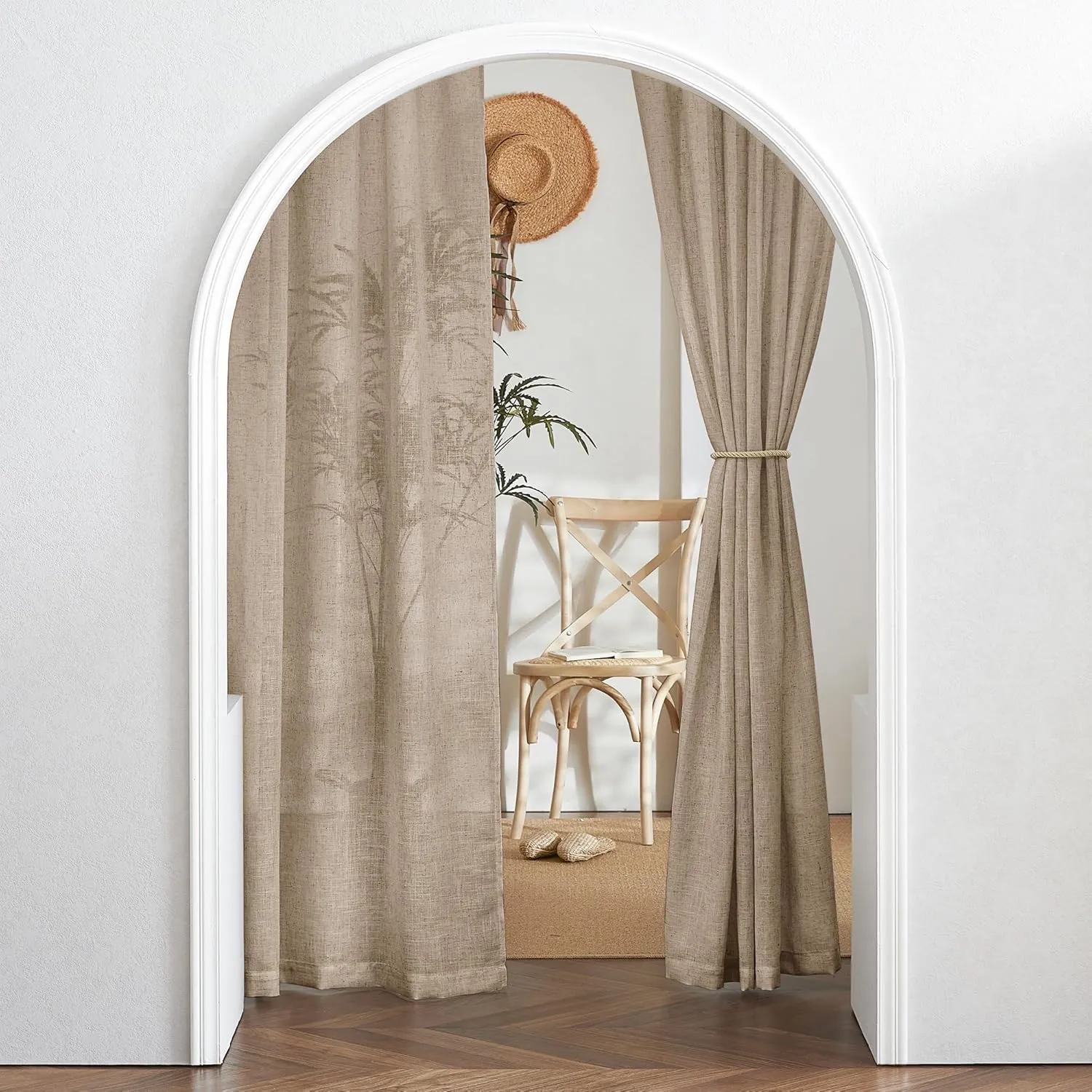 RYB HOME Sheer Linen Curtains 90 inches Long, Rod Pocket & Back Tab Linen Blend Elegant Light Filtering Privacy UV Protected Panels for Living Room, Khaki, 52" W, 2 Panels