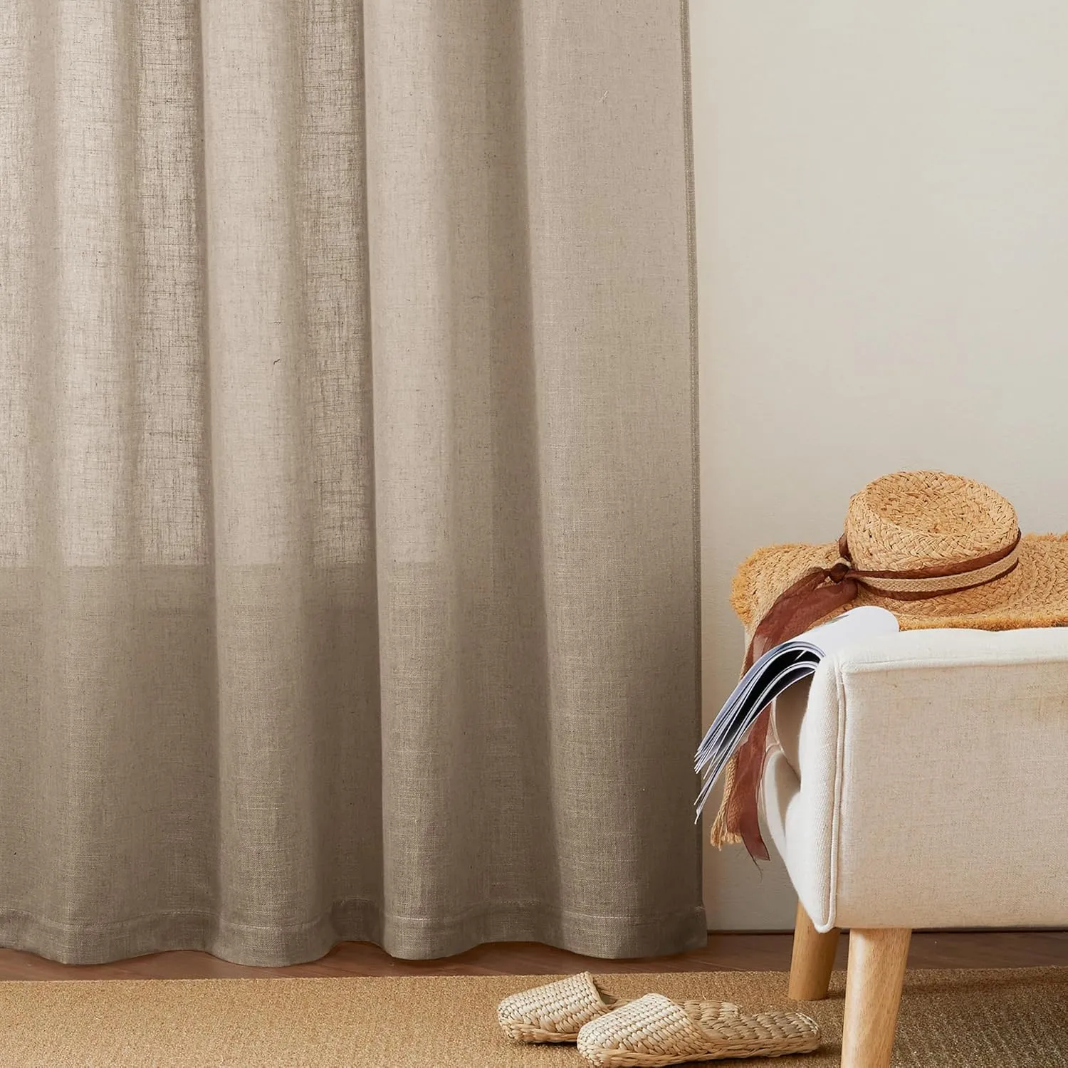 RYB HOME Sheer Linen Curtains 90 inches Long, Rod Pocket & Back Tab Linen Blend Elegant Light Filtering Privacy UV Protected Panels for Living Room, Khaki, 52" W, 2 Panels