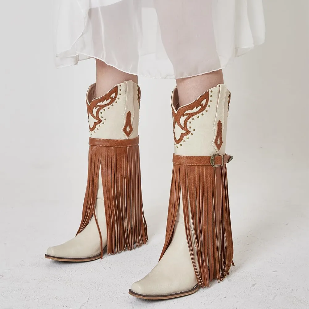 SaraIris Women's Western Bootie, Fashion Pointed Toe, Chunky Heel, Embroidered, Fringe, Pull-On, Mid Calf Boots, 2.75 inches, Knee High, PU, Denim, Rubber