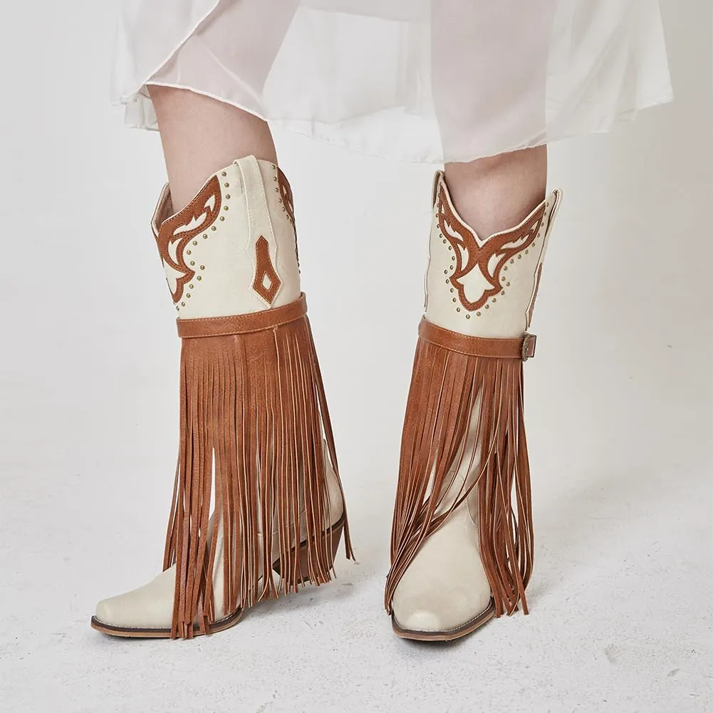 SaraIris Women's Western Bootie, Fashion Pointed Toe, Chunky Heel, Embroidered, Fringe, Pull-On, Mid Calf Boots, 2.75 inches, Knee High, PU, Denim, Rubber