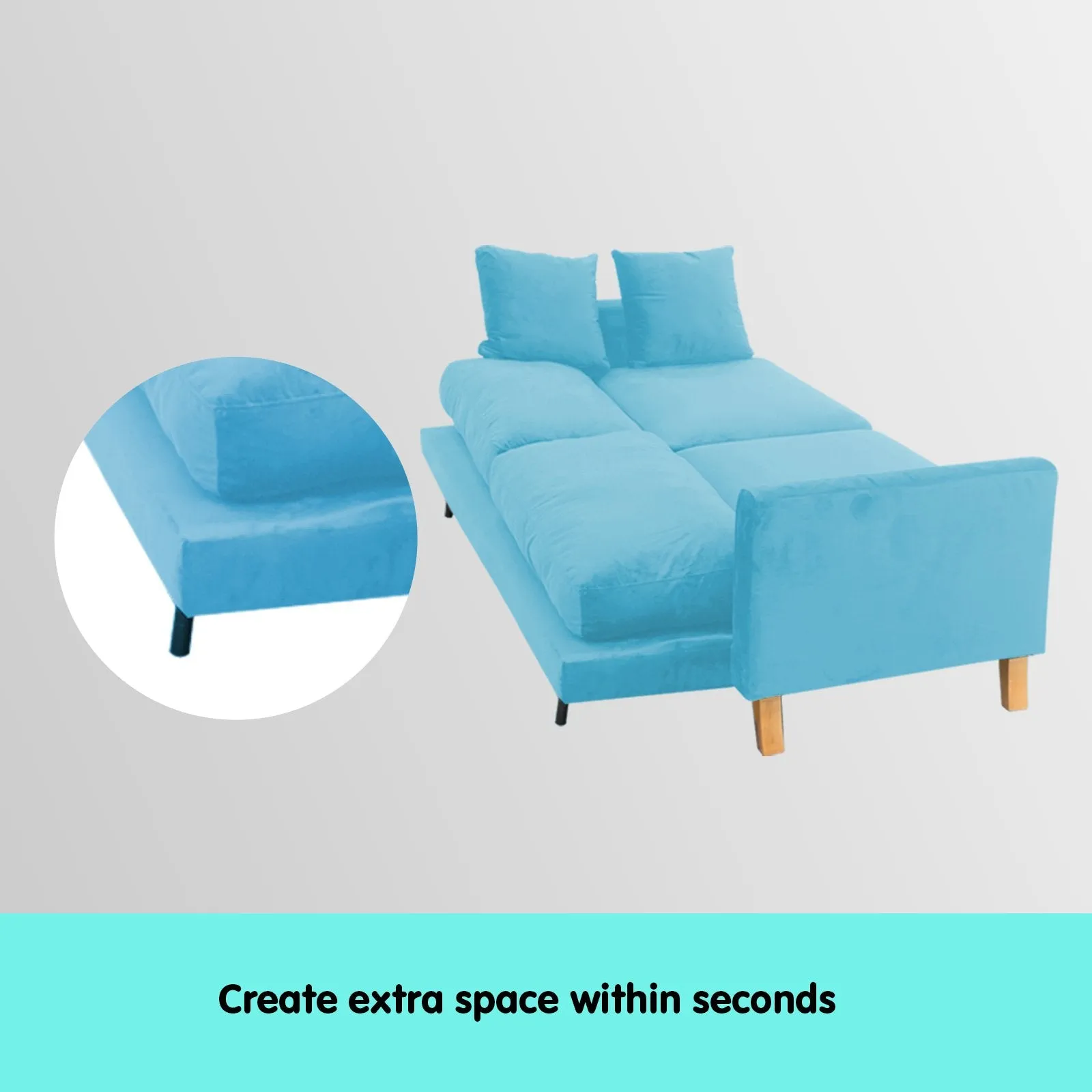Sarantino 3 Seater Faux Velvet Wooden Sofa Bed Couch Furniture - Blue