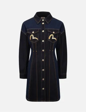 Seagull and Kamon Embroidery Denim Blocking Dress