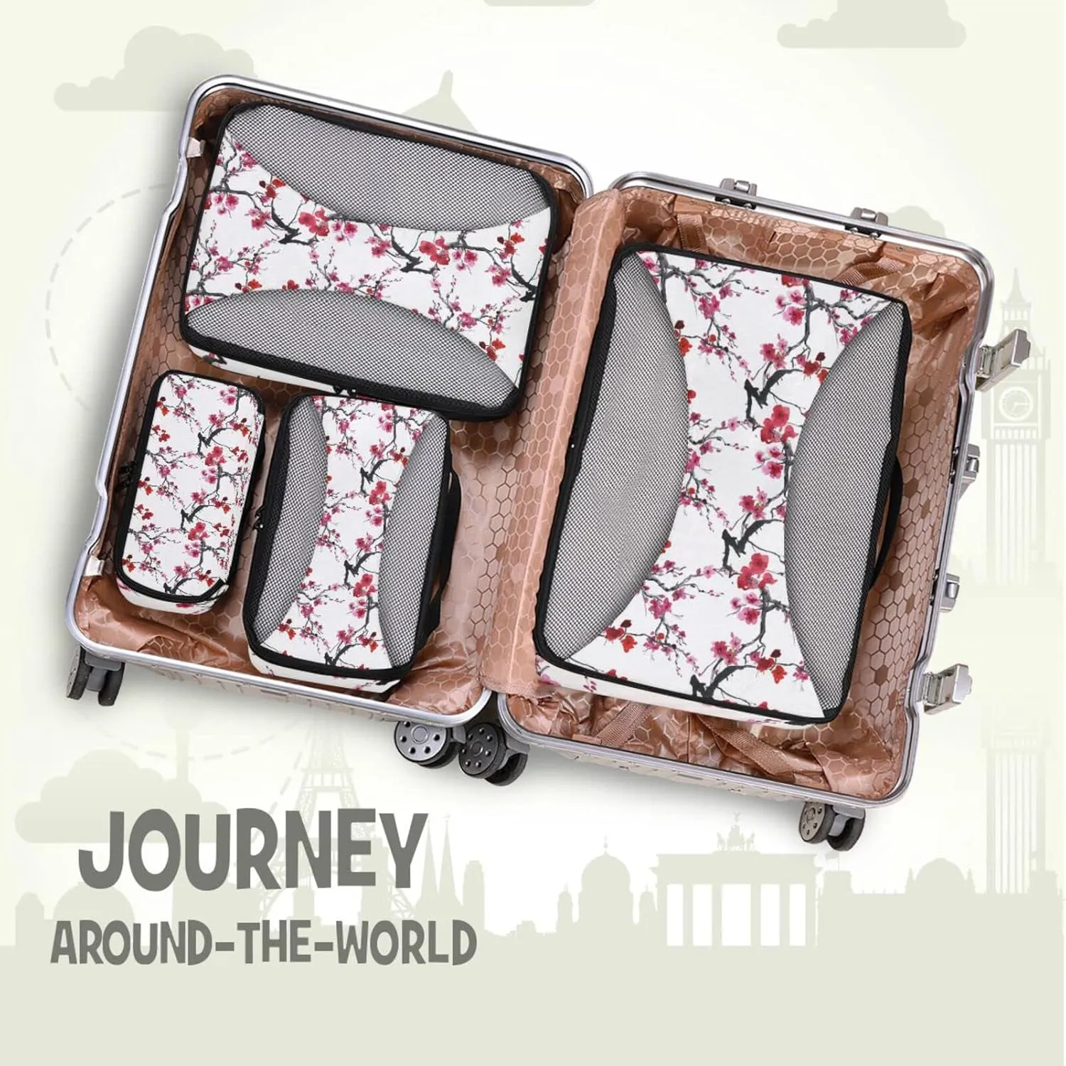 Seamless Pattern with Red Pink Cherry Blossoms Flowers on White 4 PCs Set Packing Bags, Luggage Organizer Bag, Portable Cube Toiletry bag, Durable Travel Cosmetic Storage Bag for Men Women