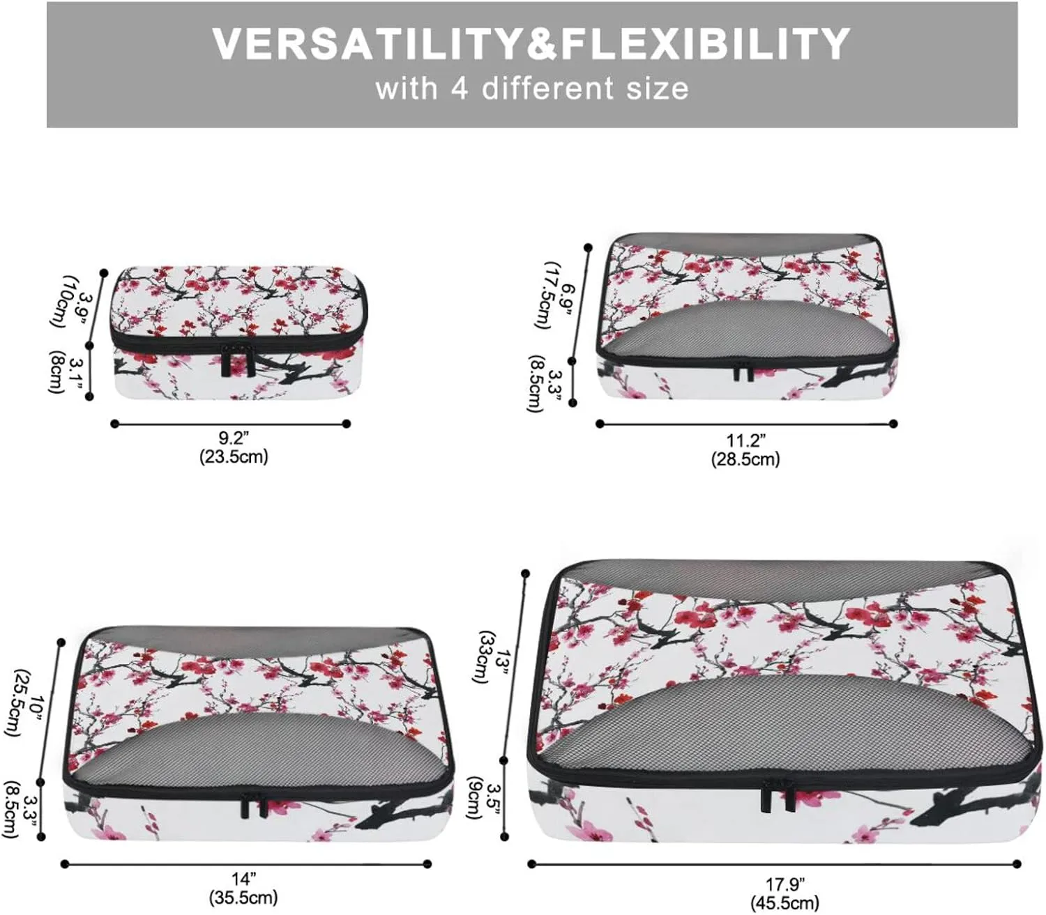 Seamless Pattern with Red Pink Cherry Blossoms Flowers on White 4 PCs Set Packing Bags, Luggage Organizer Bag, Portable Cube Toiletry bag, Durable Travel Cosmetic Storage Bag for Men Women