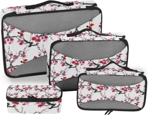 Seamless Pattern with Red Pink Cherry Blossoms Flowers on White 4 PCs Set Packing Bags, Luggage Organizer Bag, Portable Cube Toiletry bag, Durable Travel Cosmetic Storage Bag for Men Women