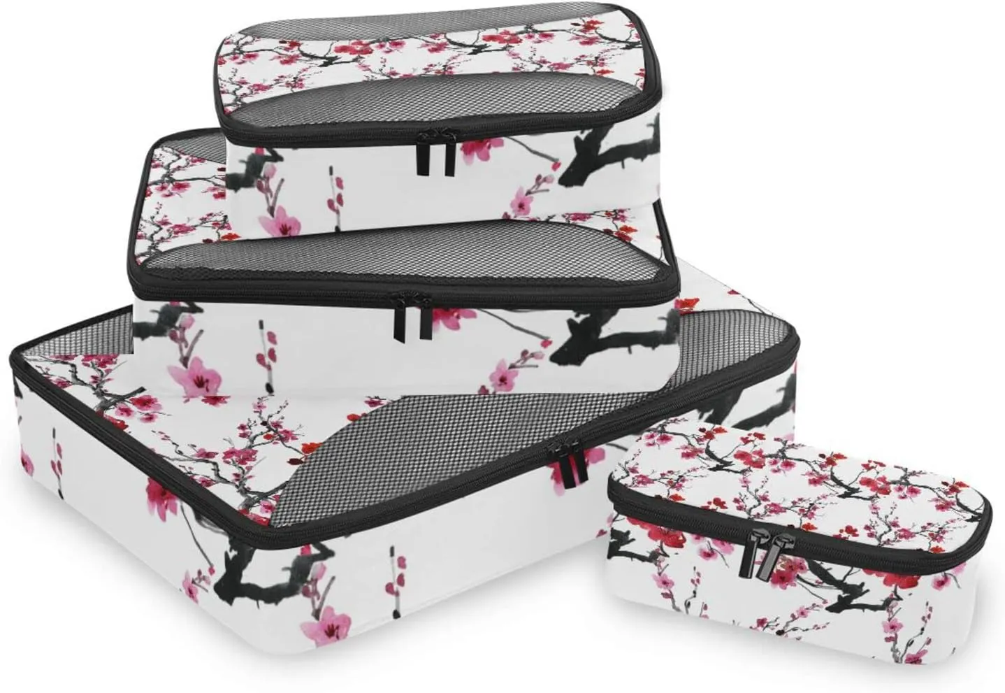 Seamless Pattern with Red Pink Cherry Blossoms Flowers on White 4 PCs Set Packing Bags, Luggage Organizer Bag, Portable Cube Toiletry bag, Durable Travel Cosmetic Storage Bag for Men Women