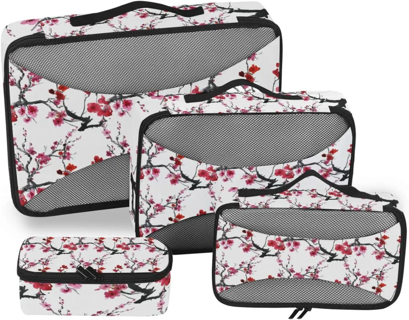 Seamless Pattern with Red Pink Cherry Blossoms Flowers on White 4 PCs Set Packing Bags, Luggage Organizer Bag, Portable Cube Toiletry bag, Durable Travel Cosmetic Storage Bag for Men Women