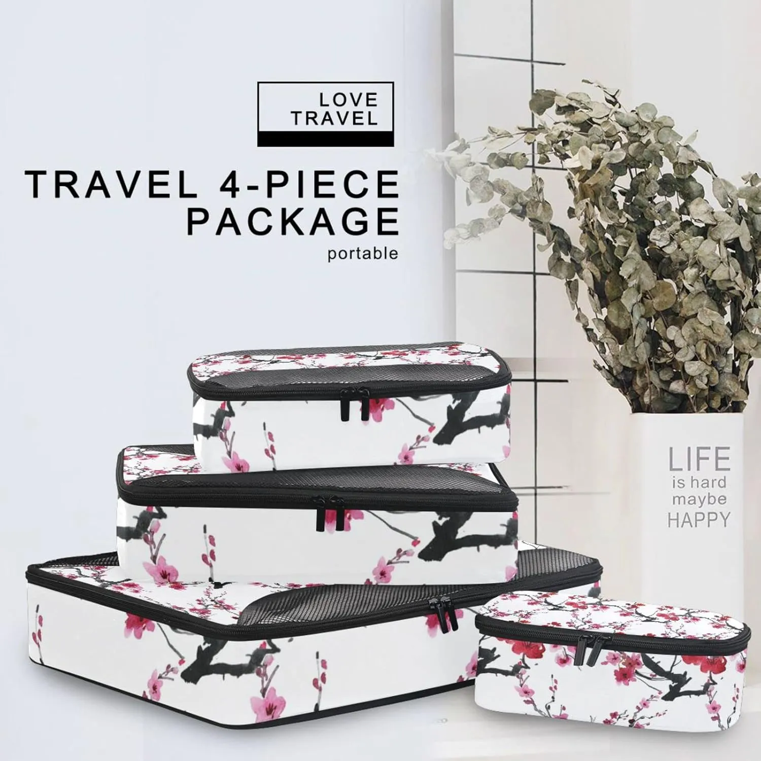 Seamless Pattern with Red Pink Cherry Blossoms Flowers on White 4 PCs Set Packing Bags, Luggage Organizer Bag, Portable Cube Toiletry bag, Durable Travel Cosmetic Storage Bag for Men Women