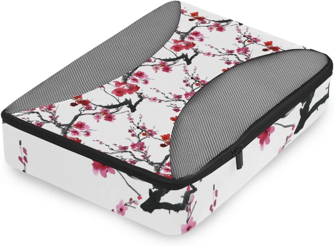 Seamless Pattern with Red Pink Cherry Blossoms Flowers on White 4 PCs Set Packing Bags, Luggage Organizer Bag, Portable Cube Toiletry bag, Durable Travel Cosmetic Storage Bag for Men Women
