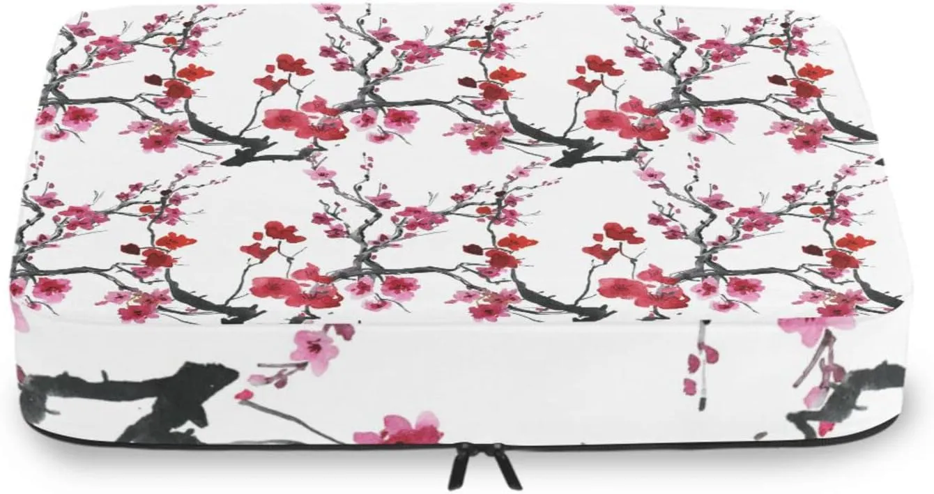 Seamless Pattern with Red Pink Cherry Blossoms Flowers on White 4 PCs Set Packing Bags, Luggage Organizer Bag, Portable Cube Toiletry bag, Durable Travel Cosmetic Storage Bag for Men Women