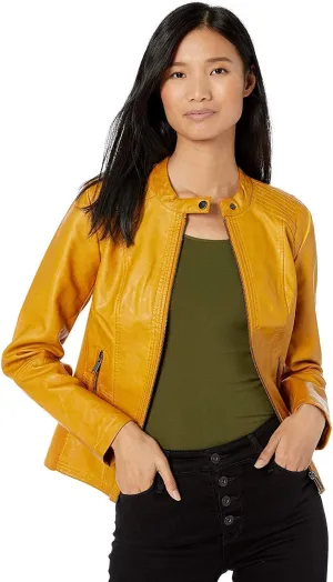 Sebby Collection Women's Faux Leather Jacket with Moto Details and Front Zip Pockets