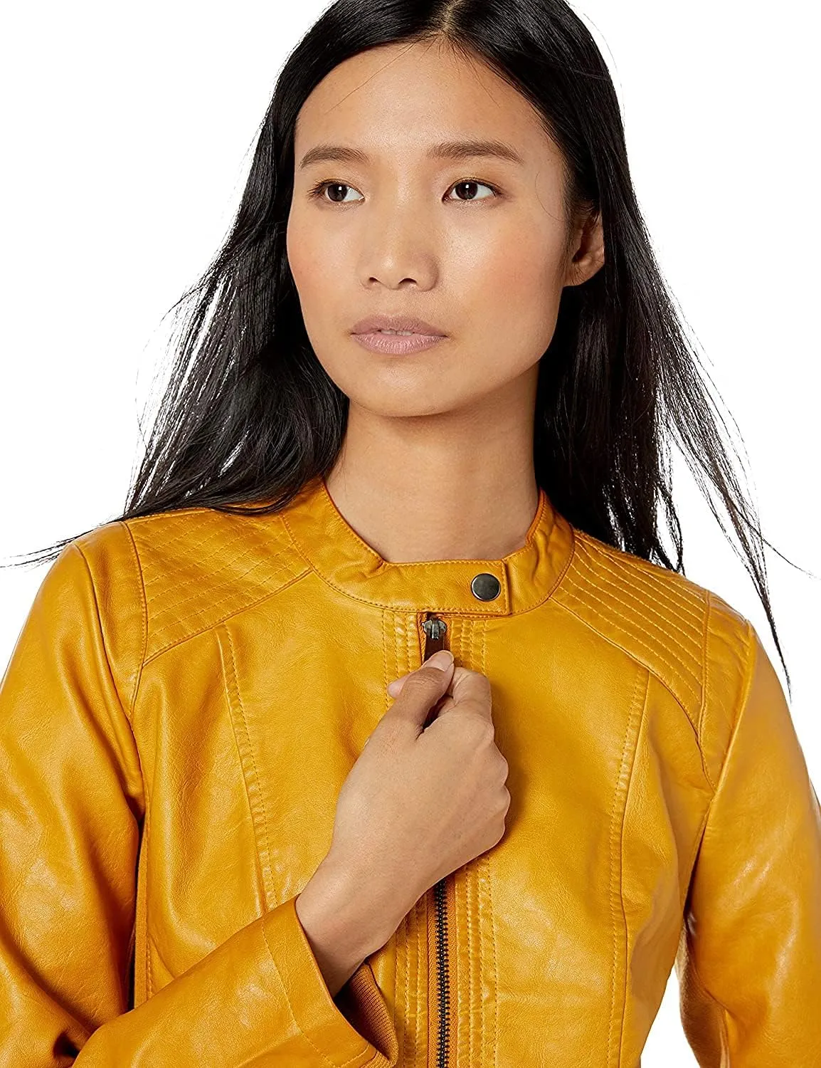 Sebby Collection Women's Faux Leather Jacket with Moto Details and Front Zip Pockets