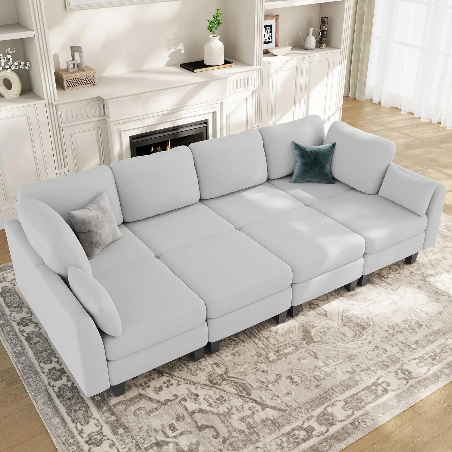 Sectional Sleeper Sofa, 8 Seaters LightGrey Modular Sleeper Sofa Couch, Comfy Sectionals Couches Bed, Convertible Sofas with Ottomans, Modular Sectional Couches for Living Room