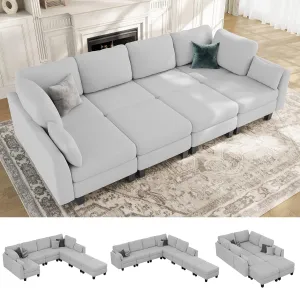 Sectional Sleeper Sofa, 8 Seaters LightGrey Modular Sleeper Sofa Couch, Comfy Sectionals Couches Bed, Convertible Sofas with Ottomans, Modular Sectional Couches for Living Room