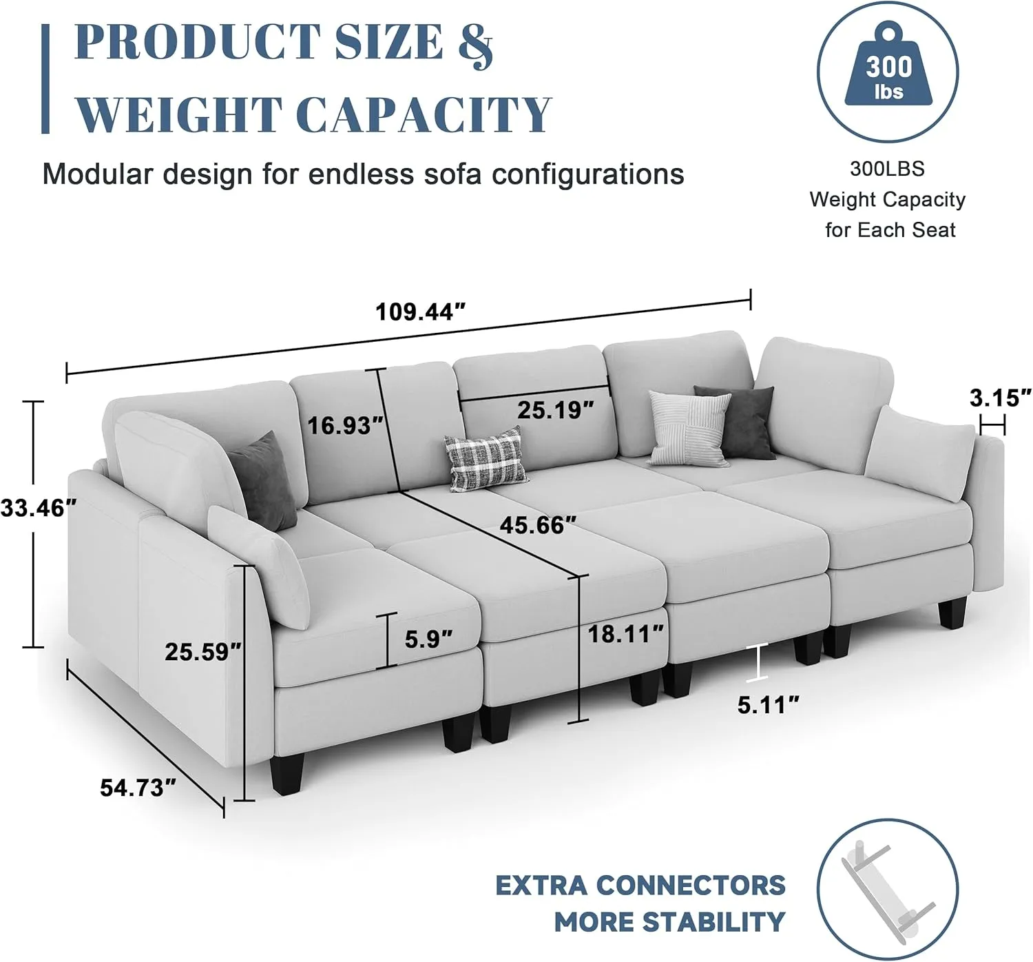 Sectional Sleeper Sofa, 8 Seaters LightGrey Modular Sleeper Sofa Couch, Comfy Sectionals Couches Bed, Convertible Sofas with Ottomans, Modular Sectional Couches for Living Room