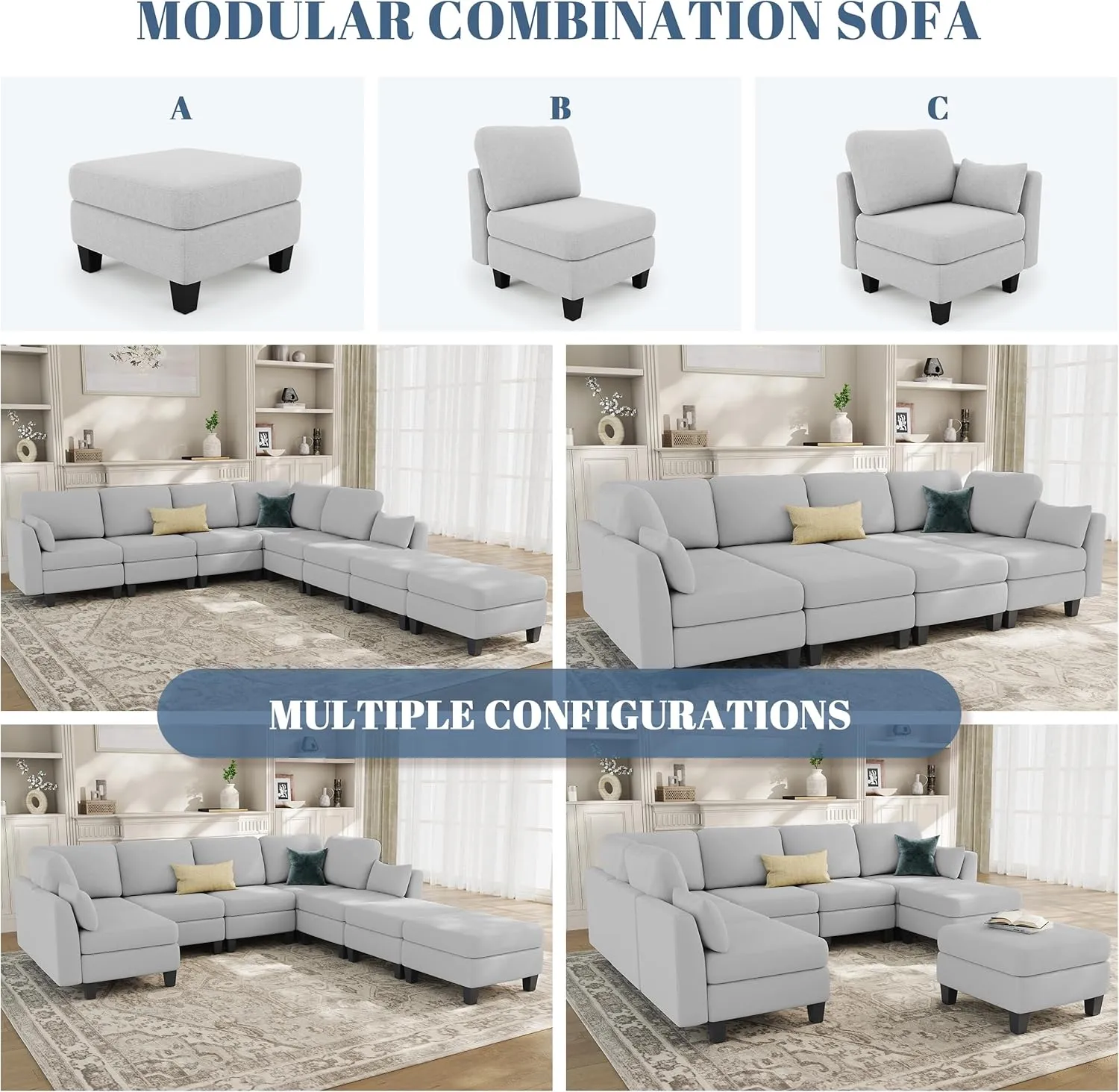Sectional Sleeper Sofa, 8 Seaters LightGrey Modular Sleeper Sofa Couch, Comfy Sectionals Couches Bed, Convertible Sofas with Ottomans, Modular Sectional Couches for Living Room