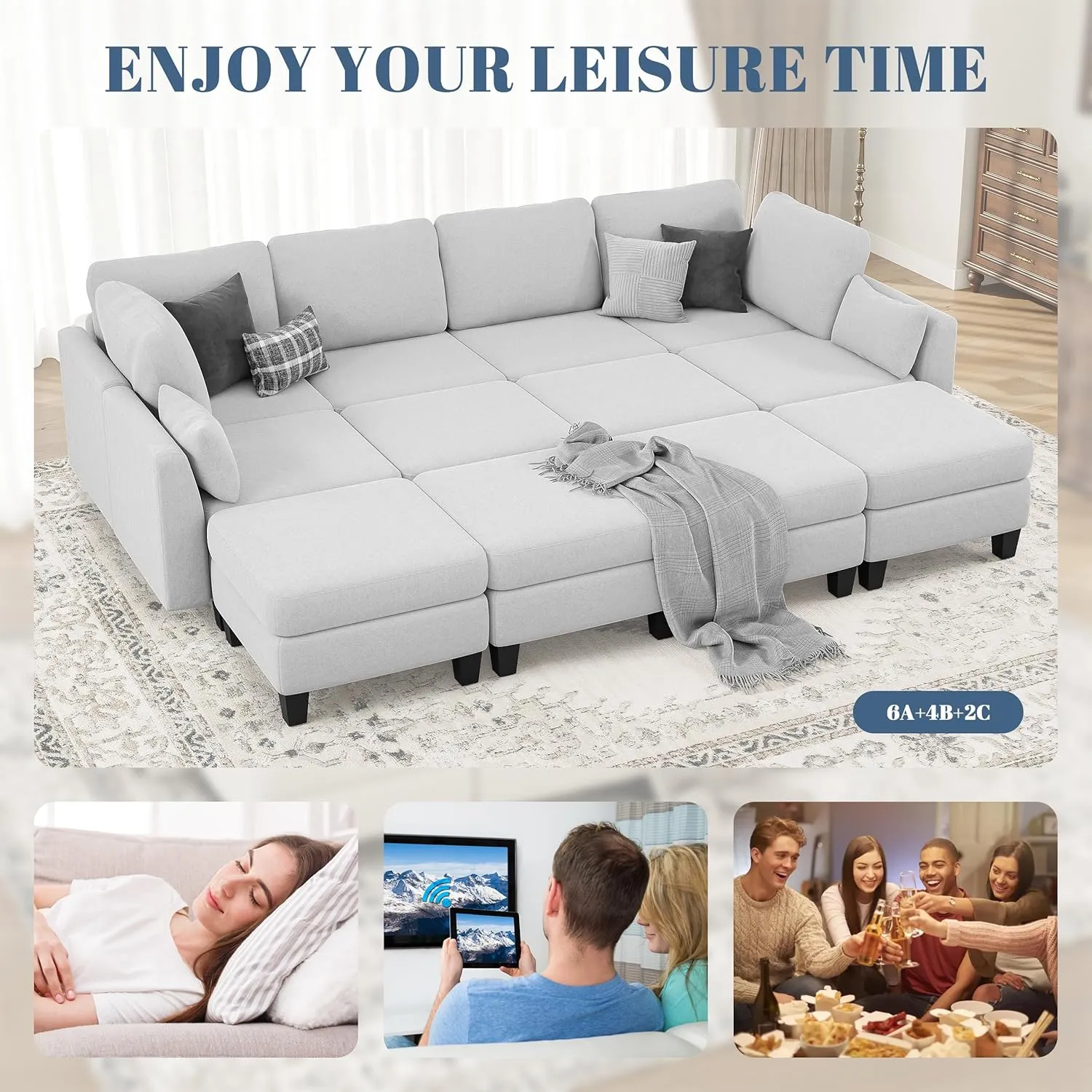 Sectional Sleeper Sofa, 8 Seaters LightGrey Modular Sleeper Sofa Couch, Comfy Sectionals Couches Bed, Convertible Sofas with Ottomans, Modular Sectional Couches for Living Room