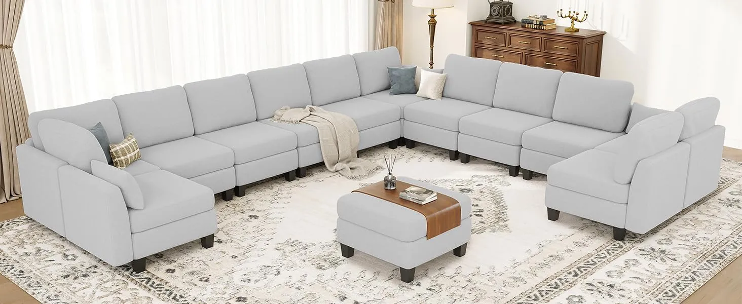 Sectional Sleeper Sofa, 8 Seaters LightGrey Modular Sleeper Sofa Couch, Comfy Sectionals Couches Bed, Convertible Sofas with Ottomans, Modular Sectional Couches for Living Room