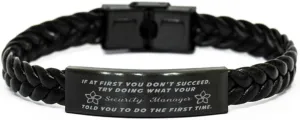 Security Manager Braided Leather Bracelet, If at first you don't succeed, try doing what your athletic trainer told you to do the first time., Laser Engraved, Stainless Steel Wristband