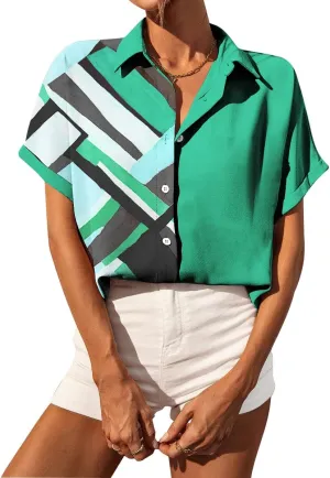 Selene Women's Summer Casual Short Sleeve V Neck Collared Button Down Shirt Cute Vintage Print Blouse Tops