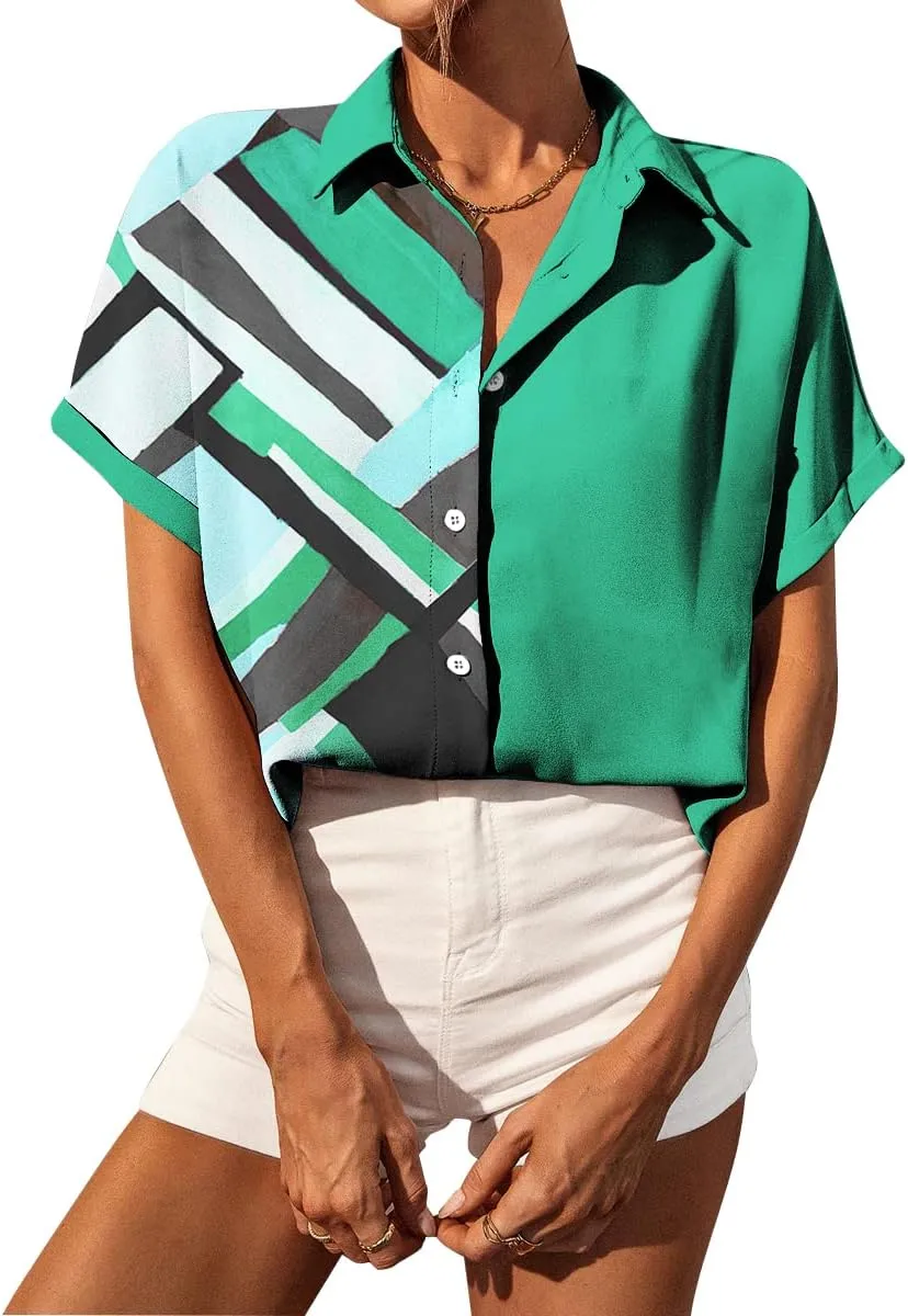 Selene Women's Summer Casual Short Sleeve V Neck Collared Button Down Shirt Cute Vintage Print Blouse Tops