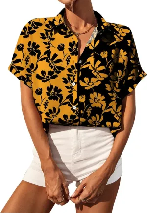 Selene Women's Summer Casual Short Sleeve V Neck Collared Button Down Shirt Cute Vintage Print Blouse Tops