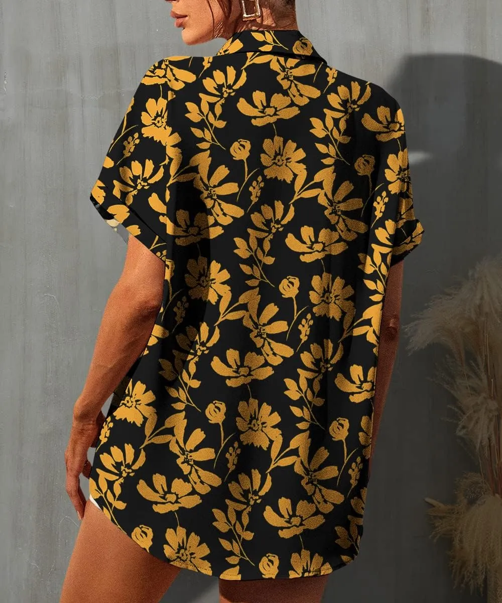 Selene Women's Summer Casual Short Sleeve V Neck Collared Button Down Shirt Cute Vintage Print Blouse Tops