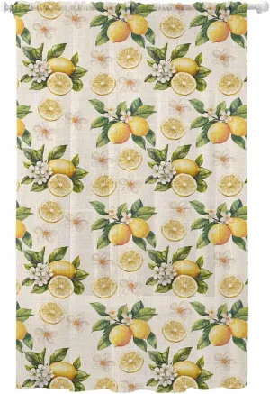 Semi Sheer Curtains for Home, Spring Pastoral Lemon Flowers Fruit Linen Texture Light Filtering Sheer Rod Pocket Drapes for Kitchen Living Room Bedroom, 52"x96" 1 Panel