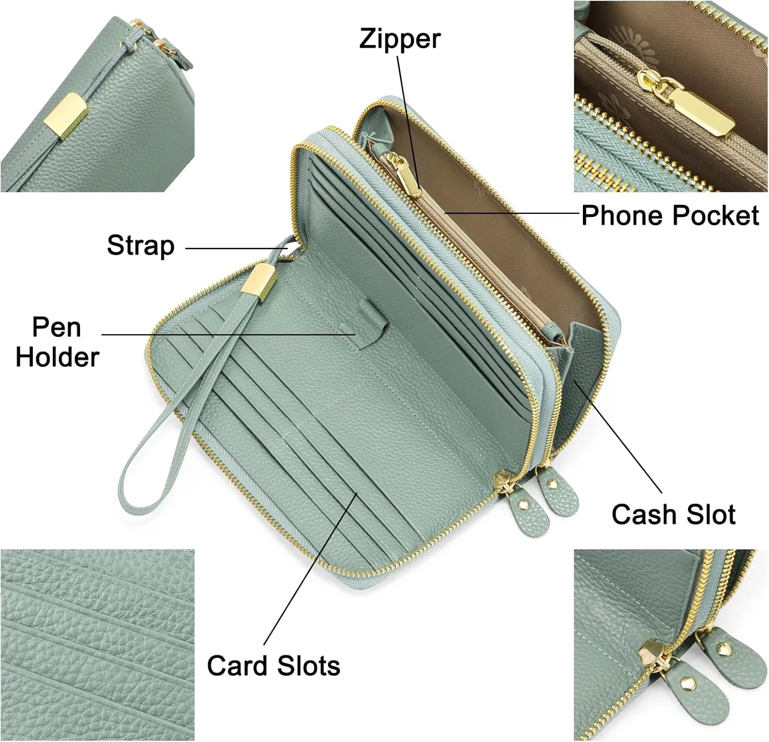 SENDEFN Leather Women Wallet RFID Blocking Zipper Around Phone Holder Clutch Wristlet Large Capacity