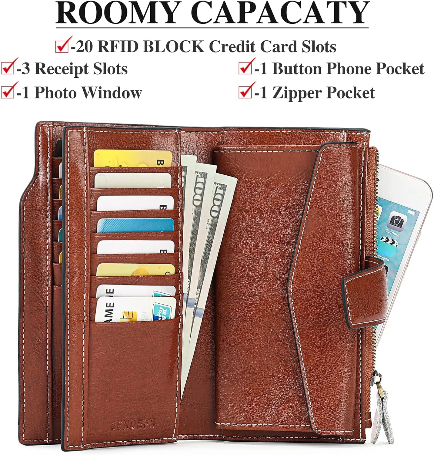 SENDEFN Women Leather Wallets RFID Blocking Clutch Card Holder Ladies Purse with Zipper Pocket
