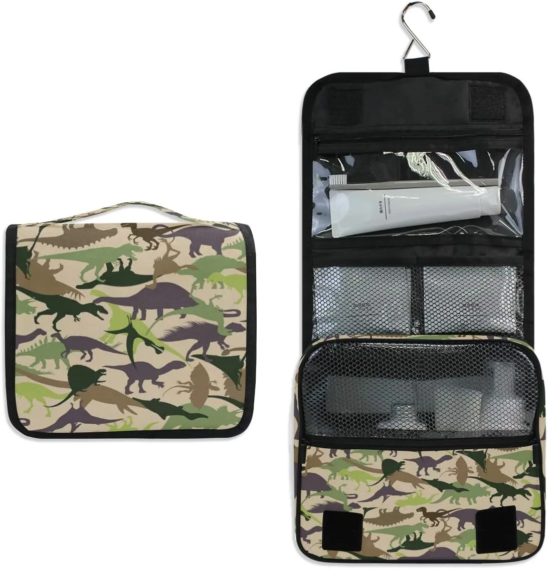 senya Hanging Travel Toiletry Bag Kit Boys Makeup Case Cosmetics Organizer for Men Women (Dinosaur Camouflage)