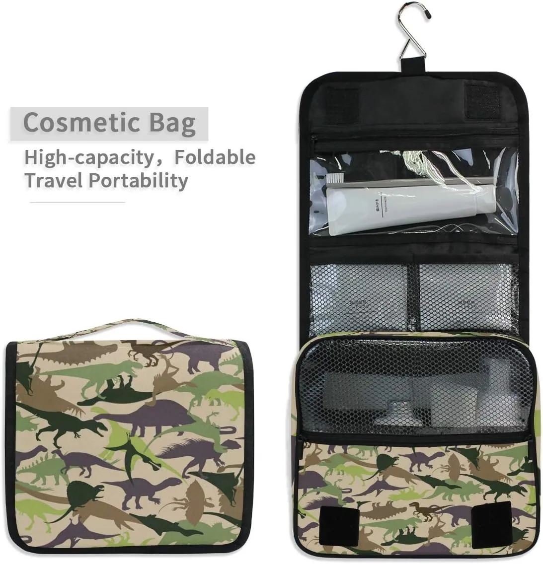 senya Hanging Travel Toiletry Bag Kit Boys Makeup Case Cosmetics Organizer for Men Women (Dinosaur Camouflage)