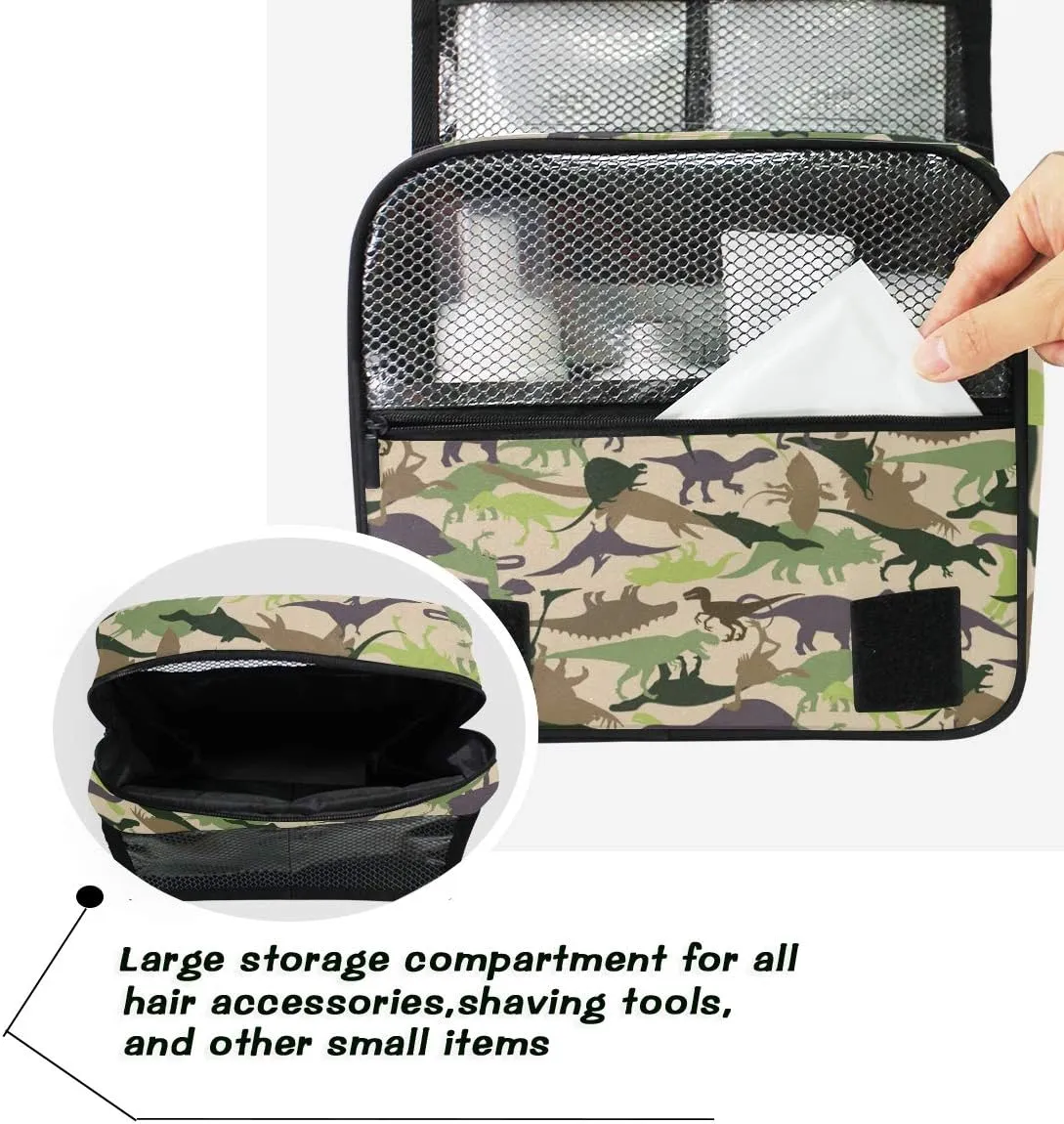 senya Hanging Travel Toiletry Bag Kit Boys Makeup Case Cosmetics Organizer for Men Women (Dinosaur Camouflage)