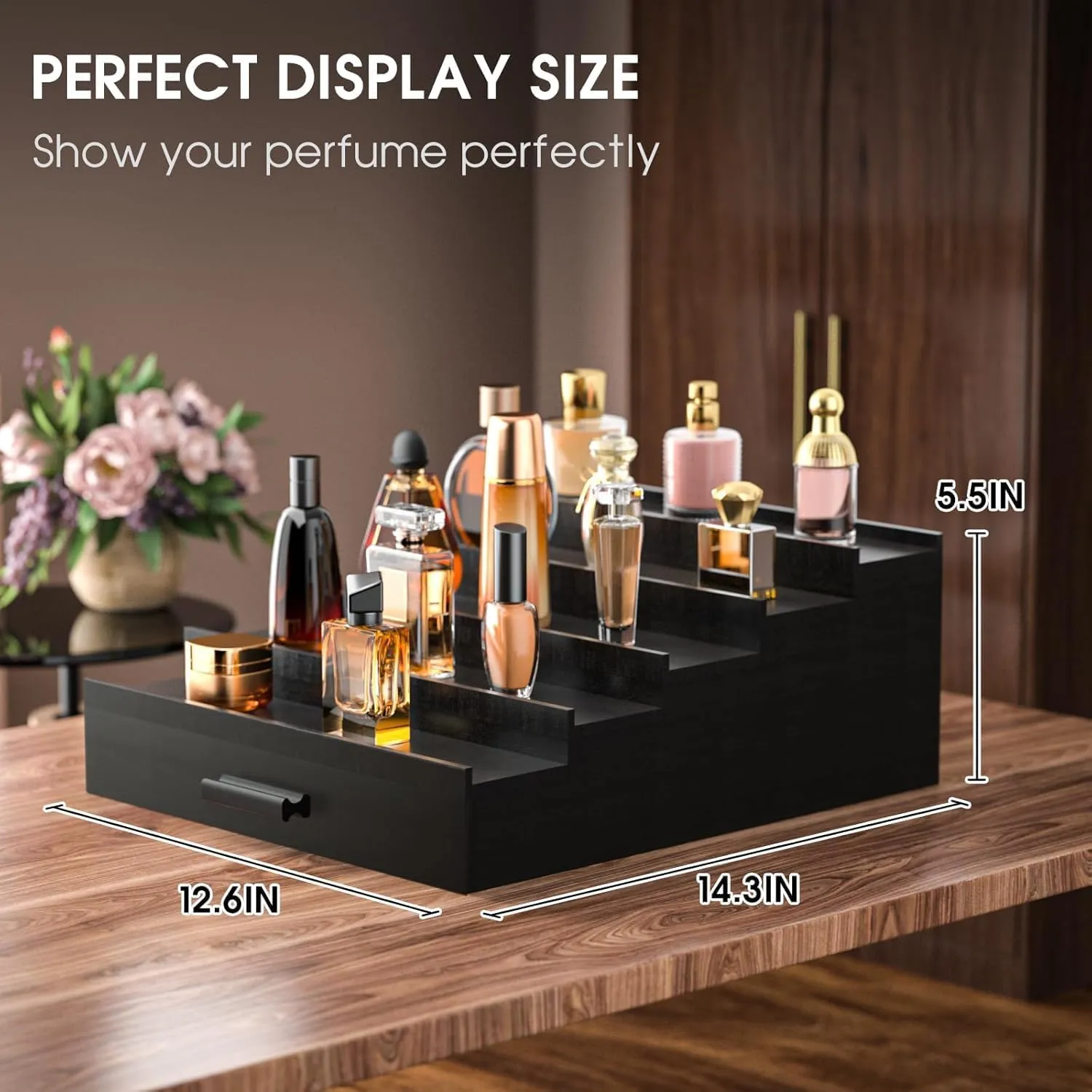 Sephyroth Cologne Organizer 5 Tier of Elegant Bamboo Perfume Organizer for Men with Hidden Storage and Practical Drawer, Perfect for Cologne Display & Gift (5T-Black)