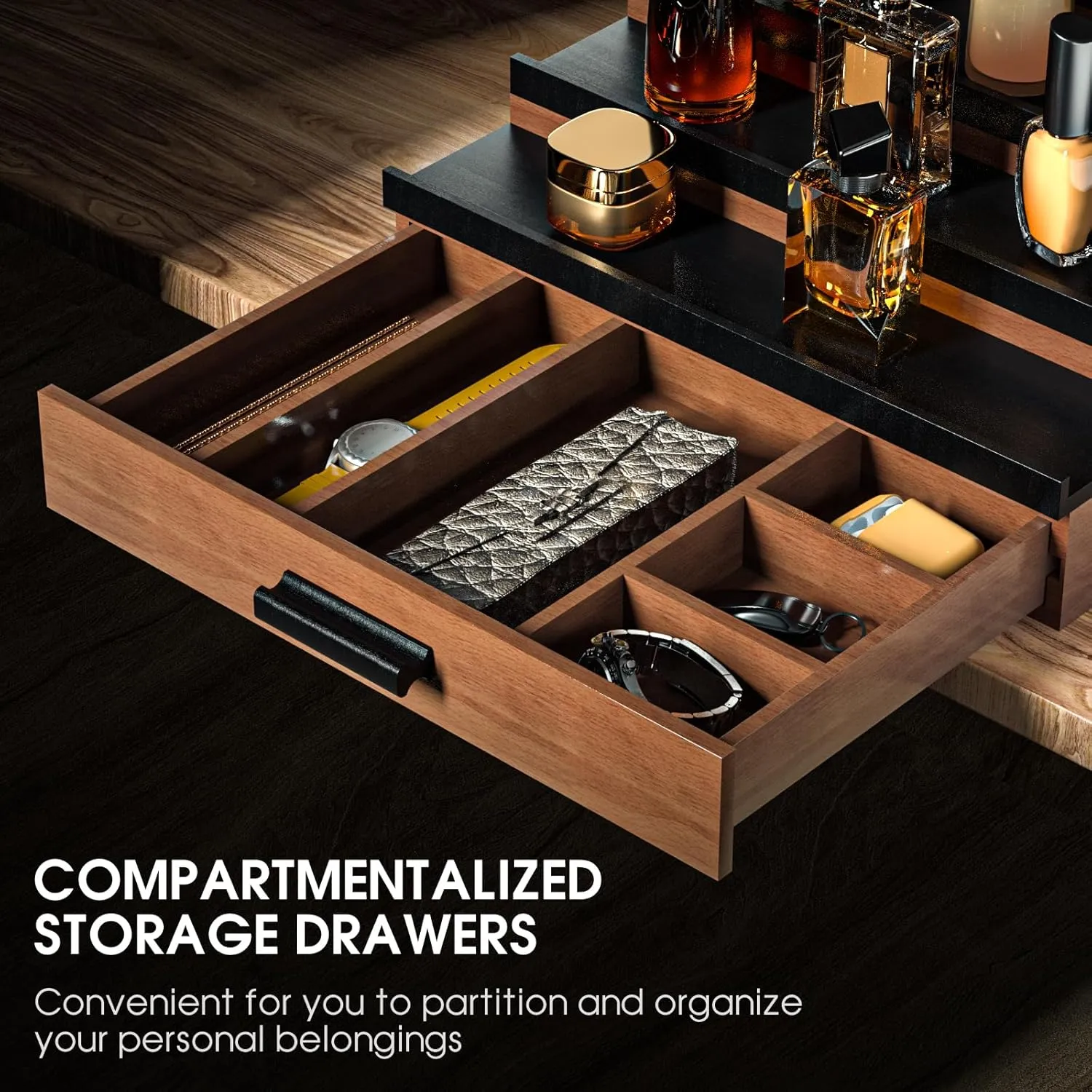 Sephyroth Cologne Organizer 5 Tier of Elegant Bamboo Perfume Organizer for Men with Hidden Storage and Practical Drawer, Perfect for Cologne Display & Gift (5T-WalnutBlack)