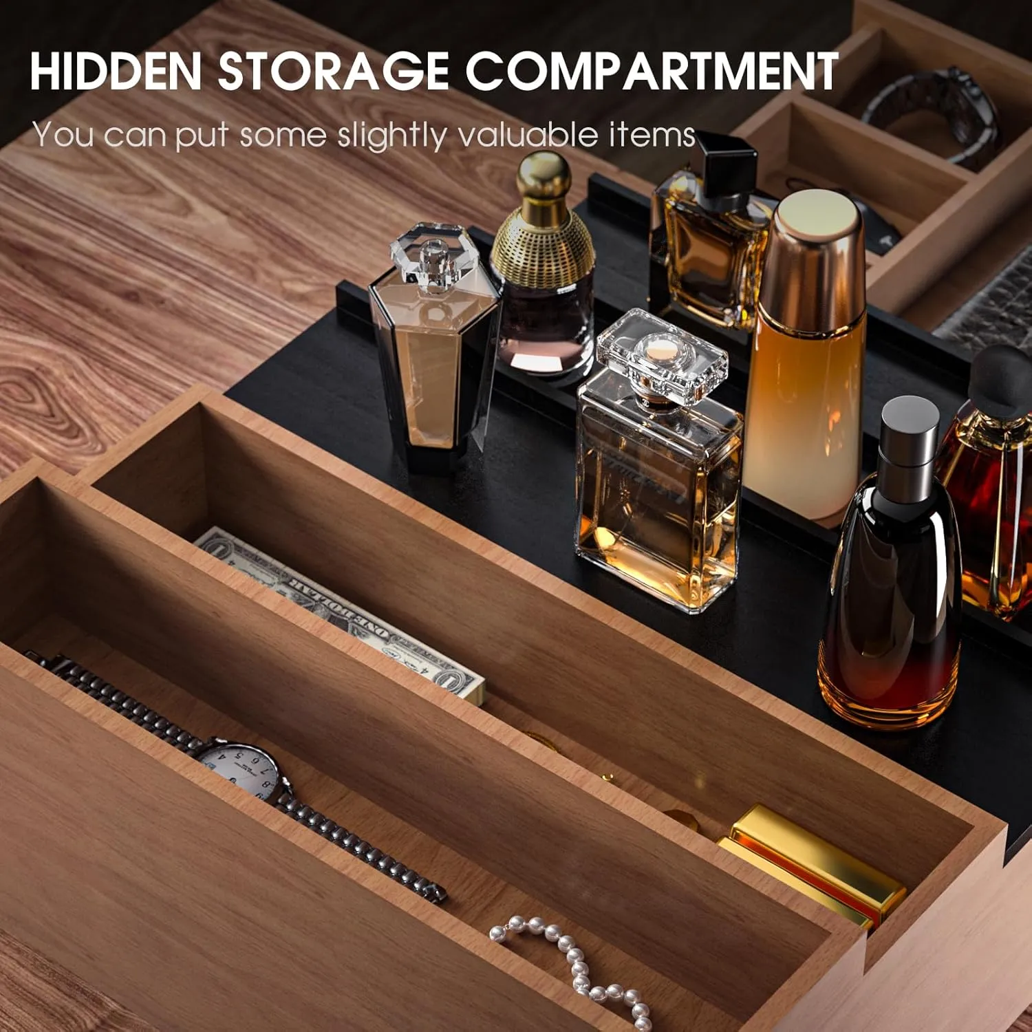 Sephyroth Cologne Organizer 5 Tier of Elegant Bamboo Perfume Organizer for Men with Hidden Storage and Practical Drawer, Perfect for Cologne Display & Gift (5T-WalnutBlack)