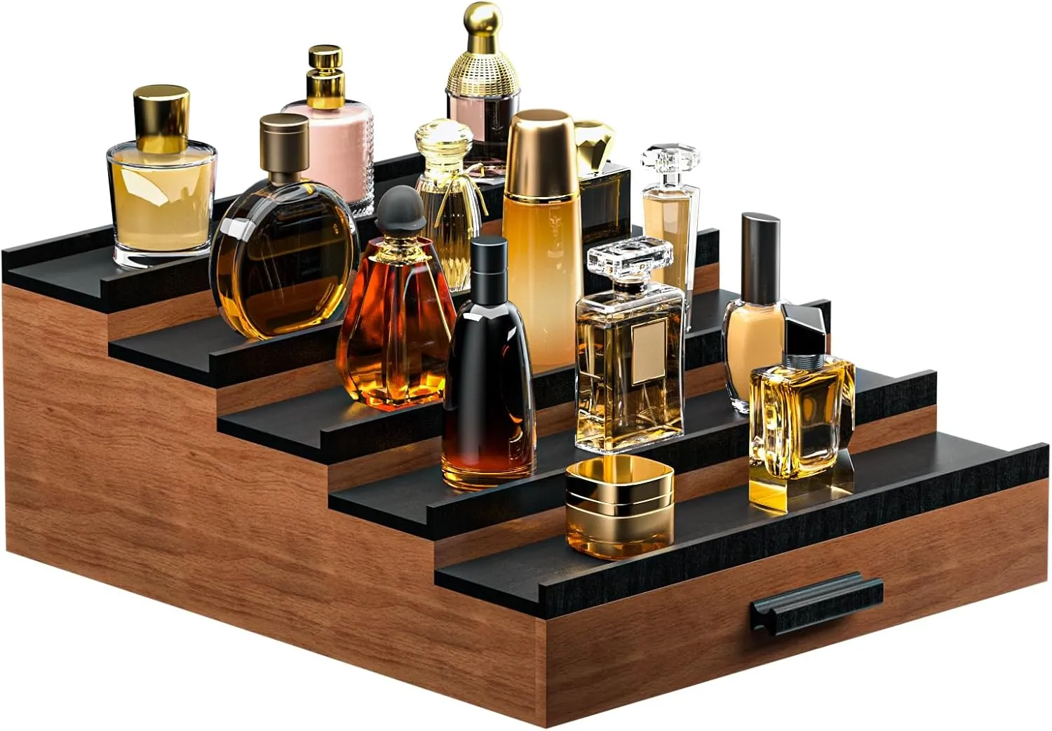 Sephyroth Cologne Organizer 5 Tier of Elegant Bamboo Perfume Organizer for Men with Hidden Storage and Practical Drawer, Perfect for Cologne Display & Gift (5T-WalnutBlack)