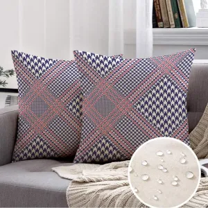 Set of 2 Waterproof Pillow Covers Linen Print Glen Country Scottish Plaid Prince Pattern Nautical Palette Mens Red Trend Textures Border Throw Pillow Cushion Case for Couch, Outdoor 18x18 Inch