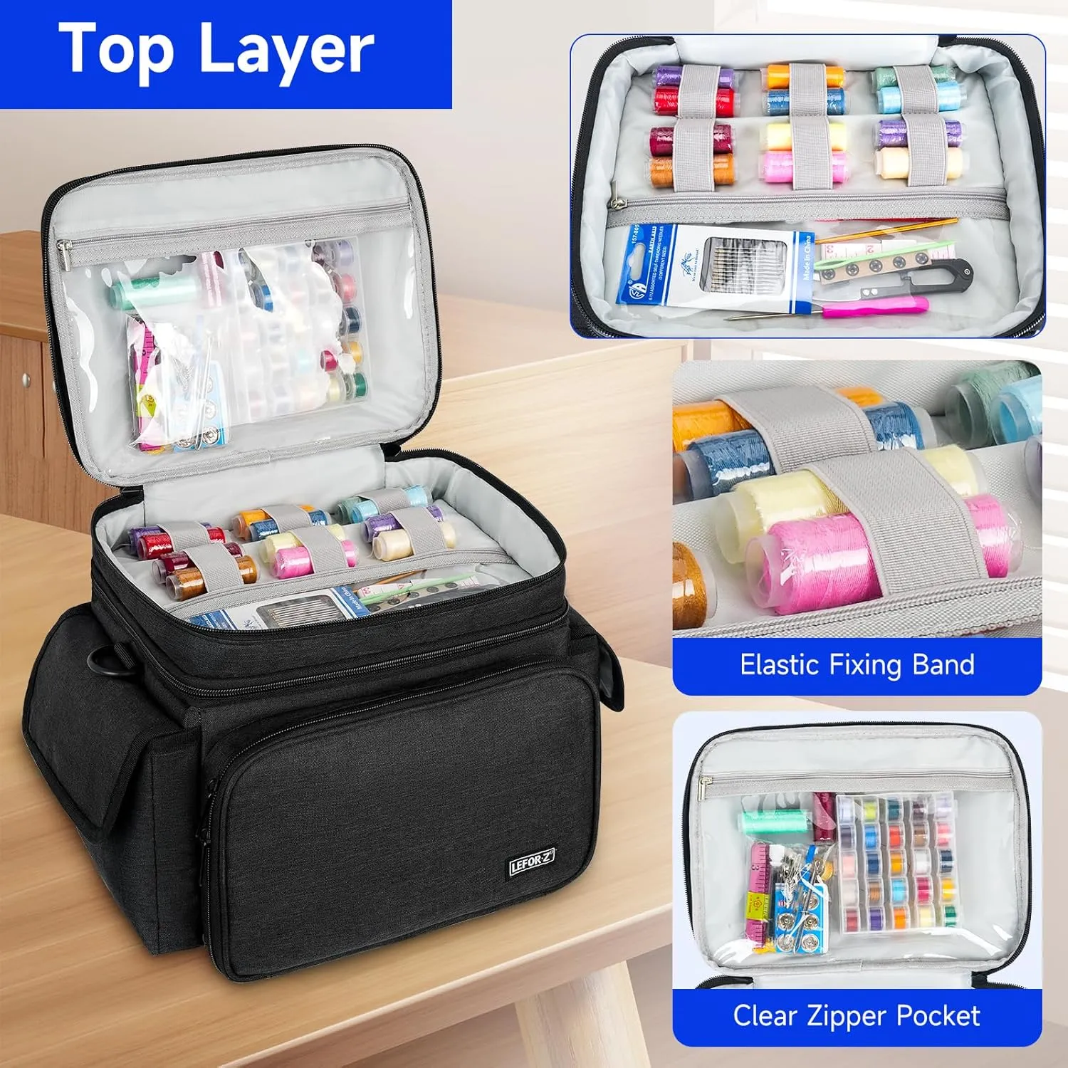 Sewing Supplies Organizer Storage Bag,Double-Layer Protable Travel Sewing Basket for Sew Accessories & Tools,Black(Bag Only)